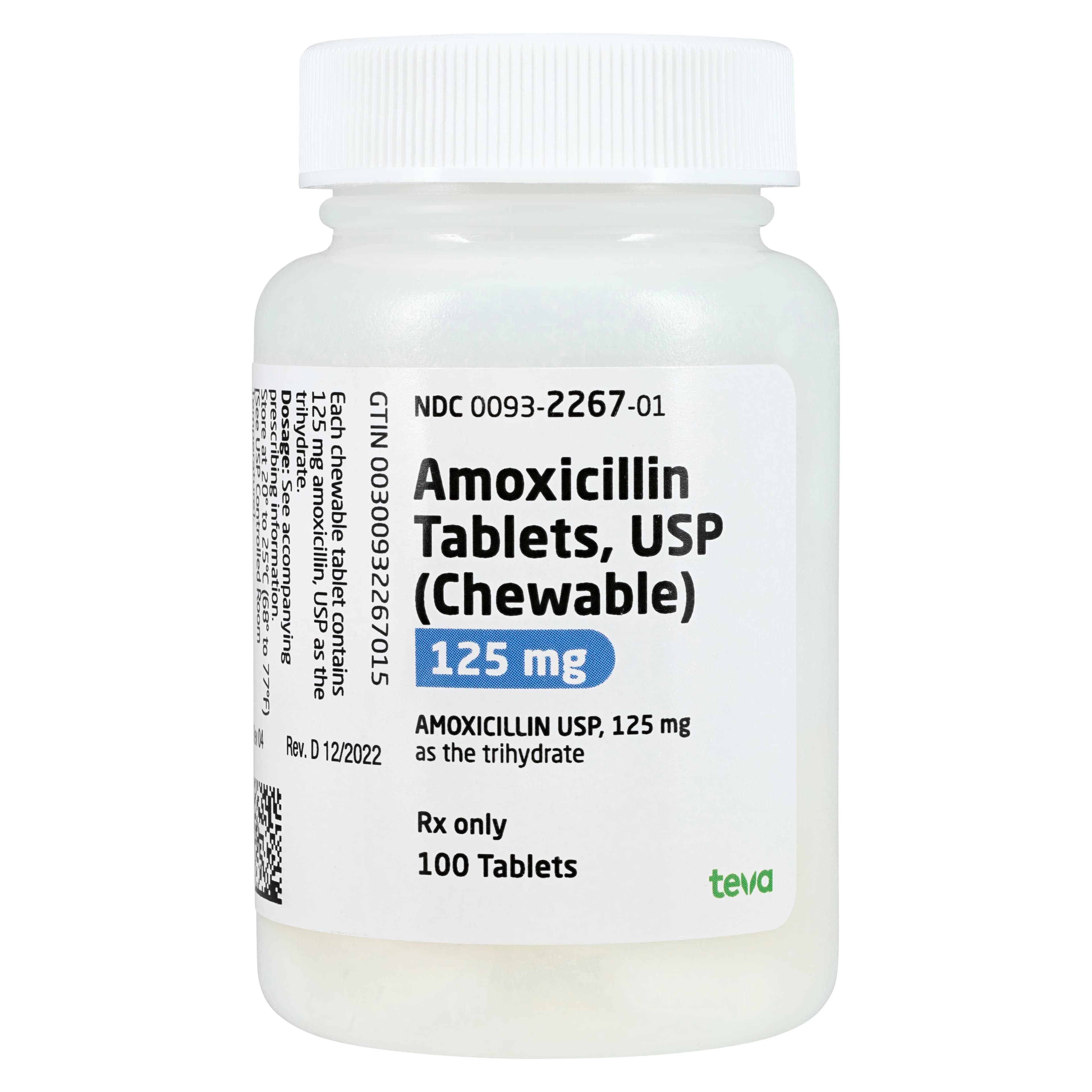 Amoxicillin Chewable Tablets, 125mg, 100/Bottle, Teva Pharmaceuticals - Amoxicillin Chew Tablets - Image 1