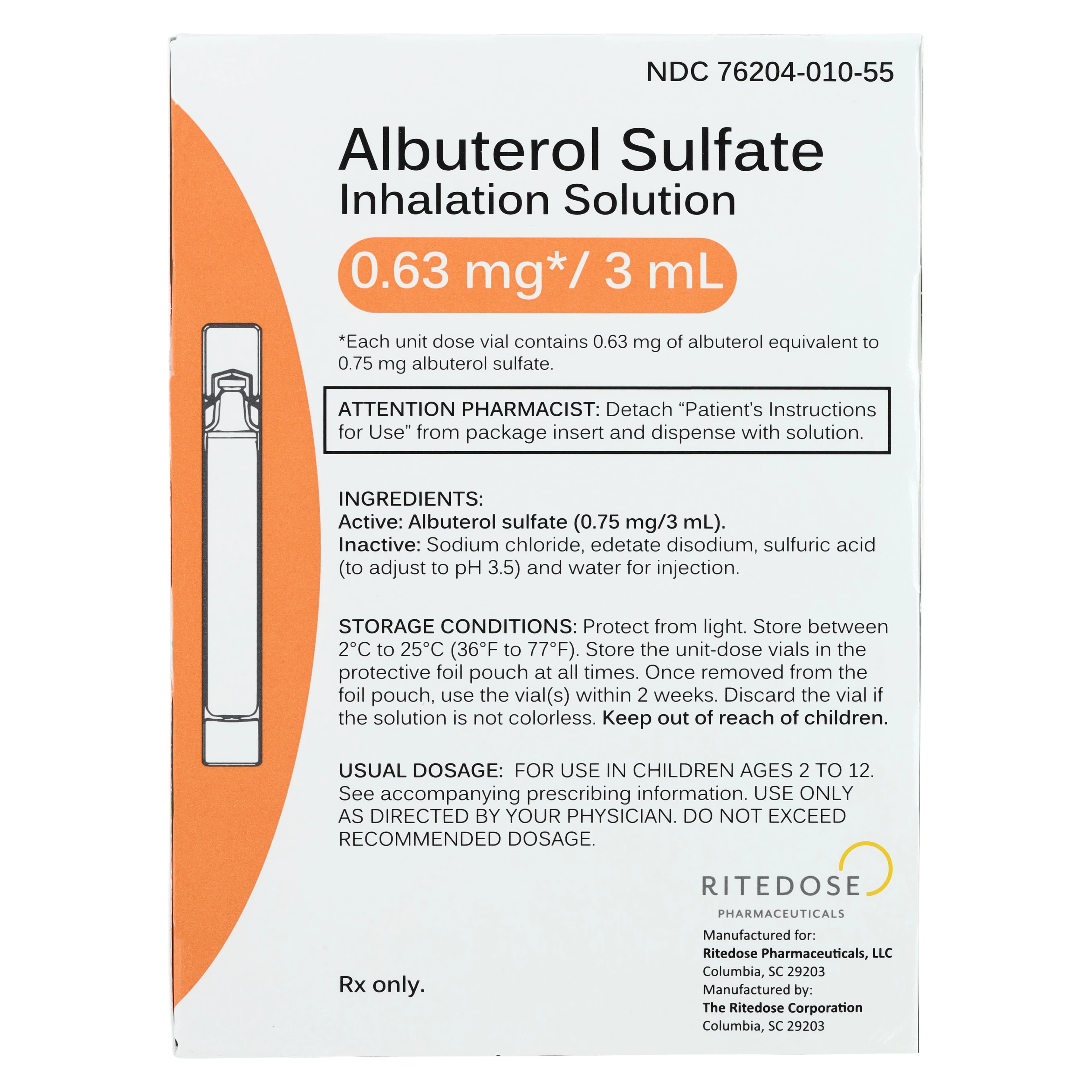 Albuterol Sulfate Inhalation Solution 0.63 mg/3 mL, 25 Unit-Dose Vials per Package thumbnail 5