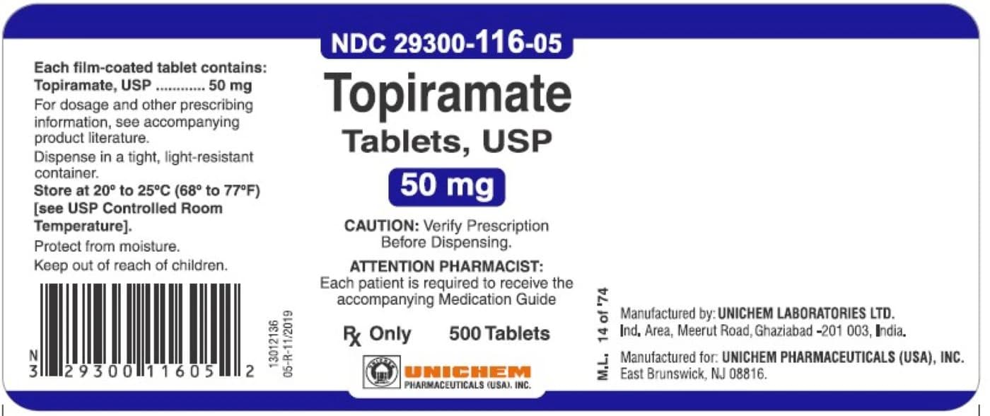 Topiramate Tablets 50mg, 500 Count Bottle (Unichem Pharmaceuticals) - Topiramate Tablets - Image 1