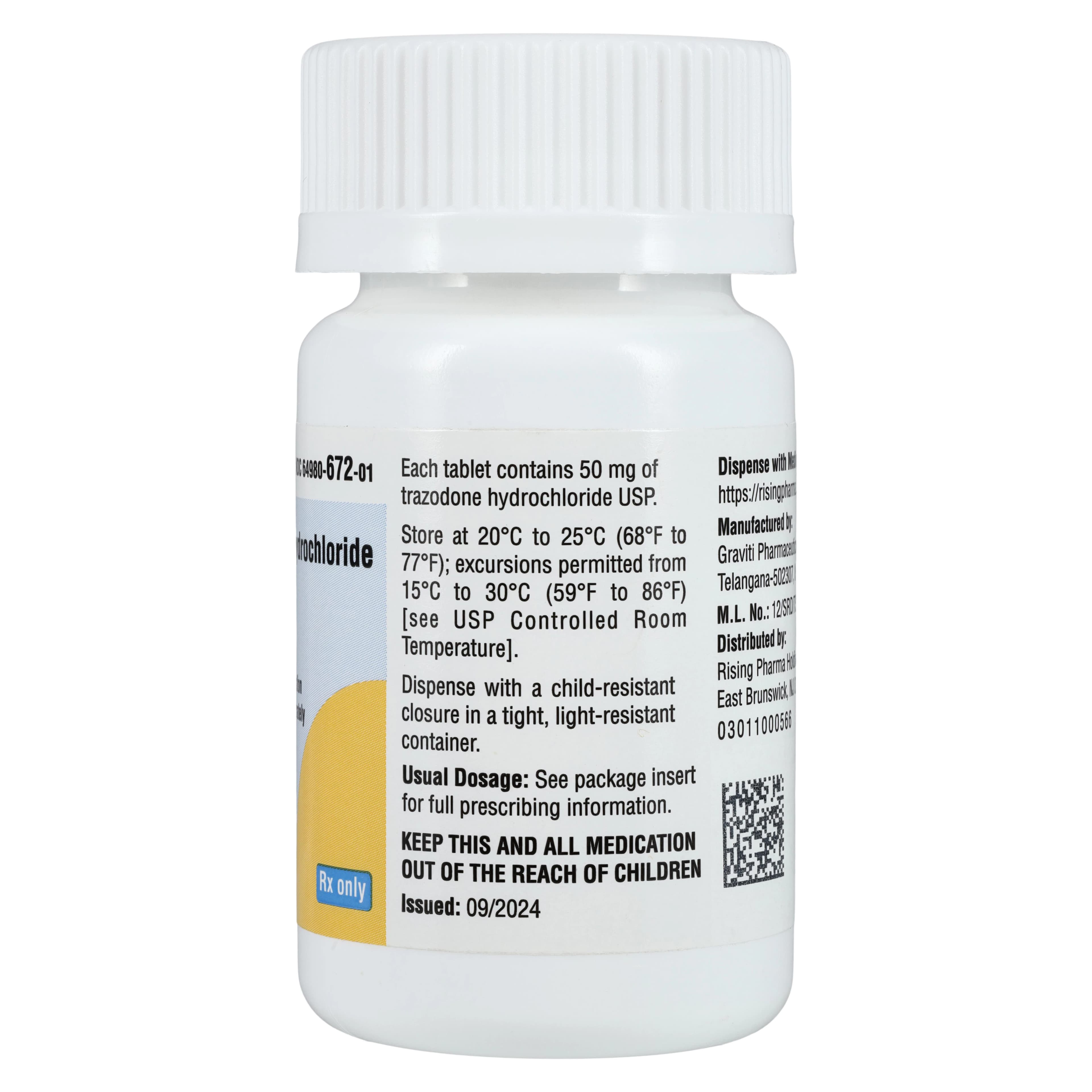 Trazodone HCl Tablets, 50mg, 100/Bottle, Rising Pharmaceuticals thumbnail 2