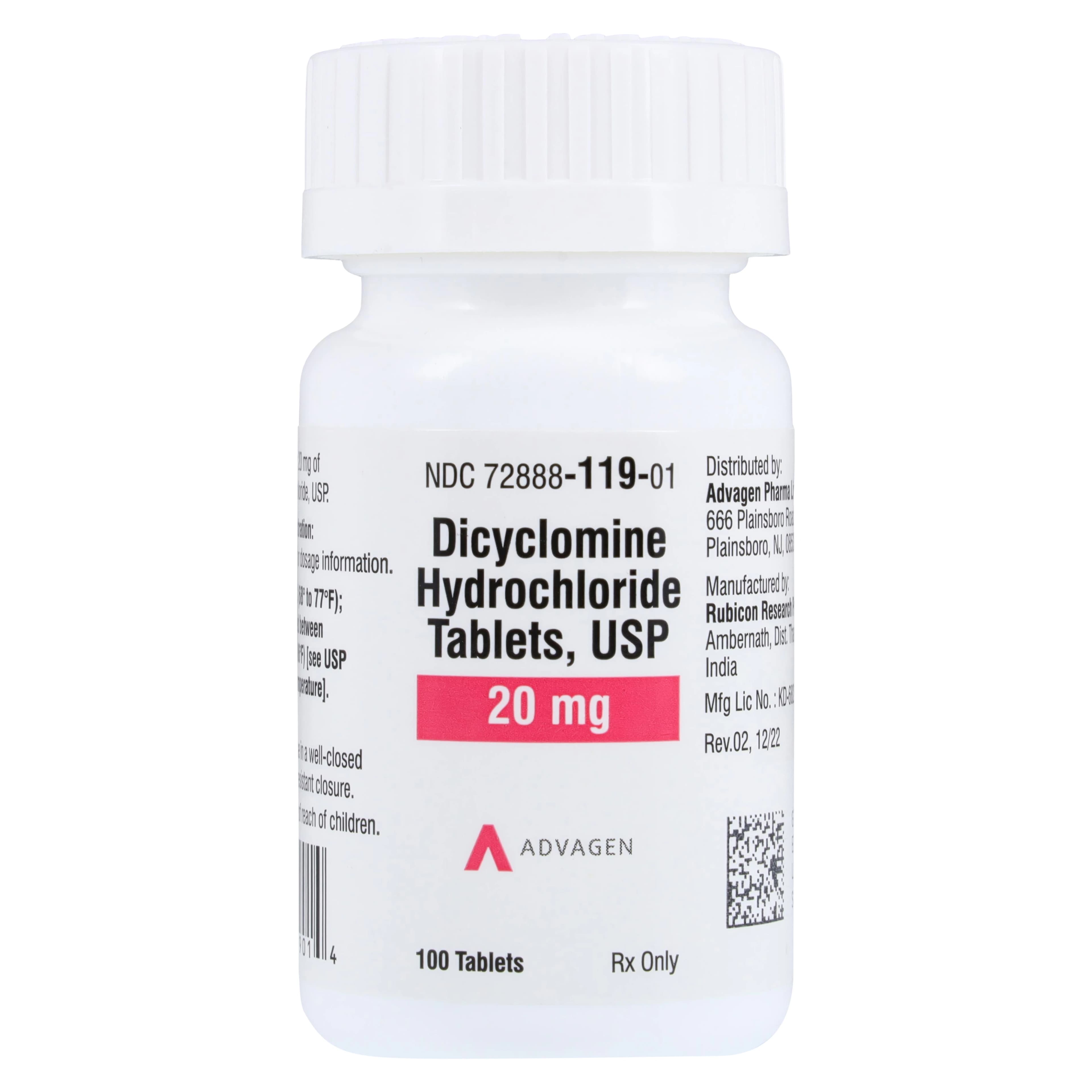 Dicyclomine HCl Tablets, 20mg, 100/Bottle, Advagen Pharma - Dicyclomine HCl Tablets - Image 1