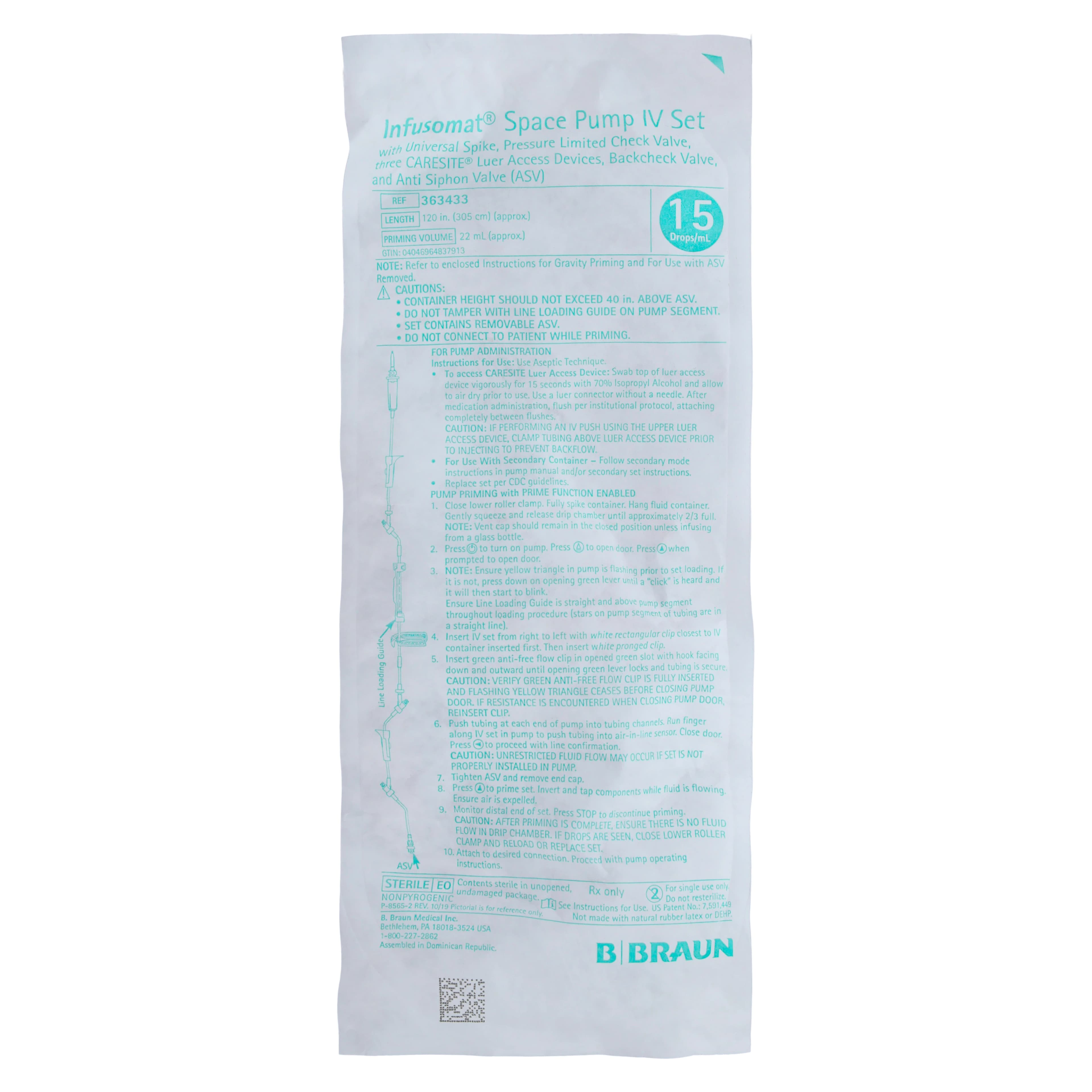B. Braun Caresite Space Pump Set, 15 Drops/mL, Priming Volume 23 mL, 123" Tubing, Sterile, Latex-Free, 24/Case - Set Space Pump IV Infusomat - Image 1