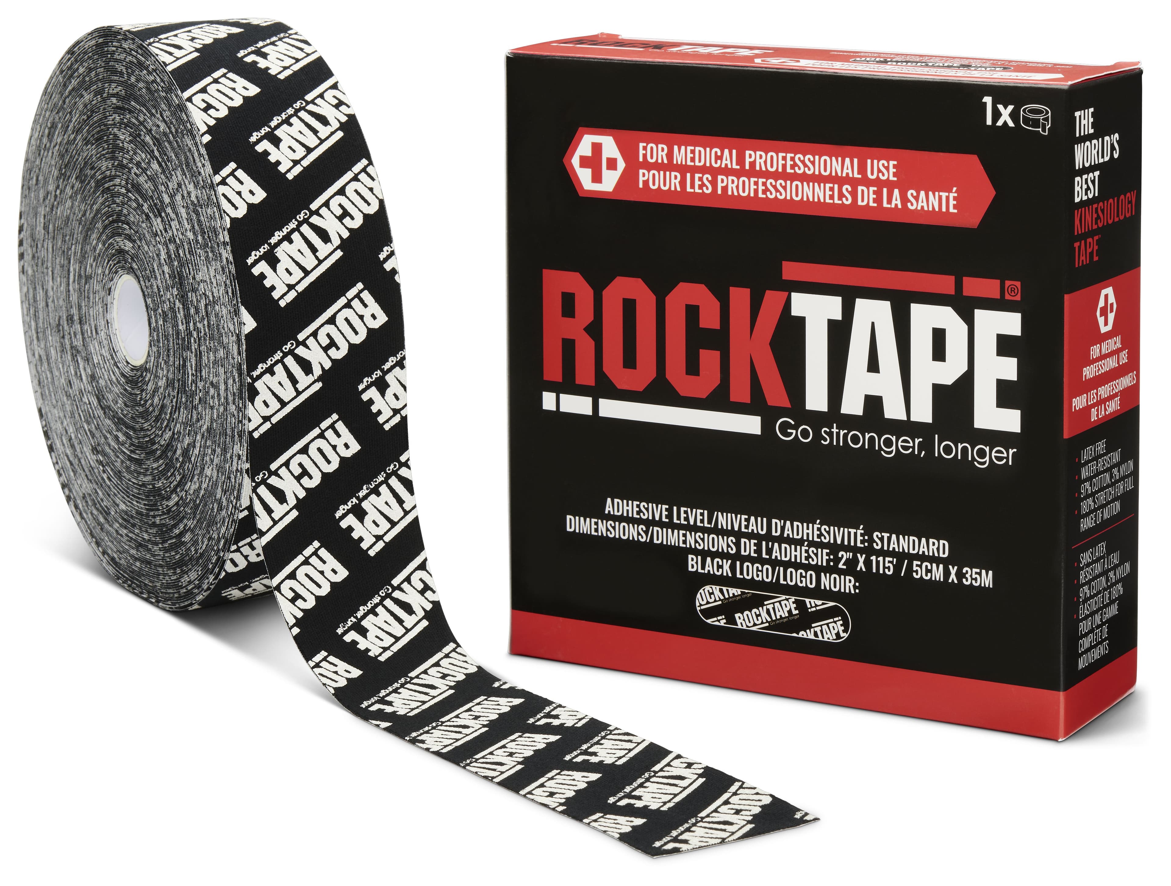 RockTape Standard Kinesiology Tape, Black with Logo, 2" x 115', 97% Cotton/3% Nylon, Non-Sterile, Each - RockTape Standard Black Logo - Image 1