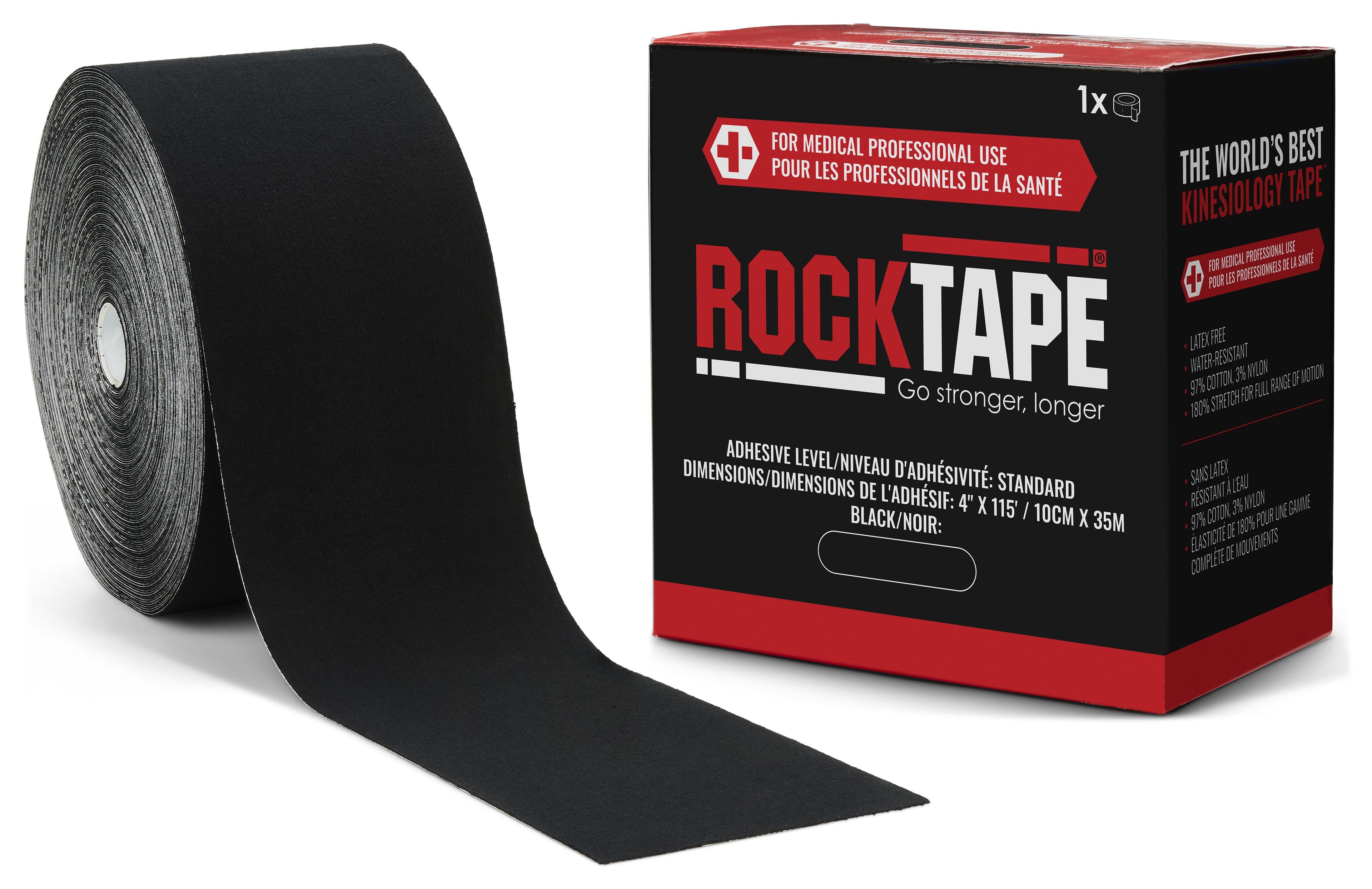 RockTape Standard Kinesiology Tape, 97% Cotton/3% Nylon, 4" x 115', Black, Non-Sterile, Each - RockTape Standard Black - Image 1