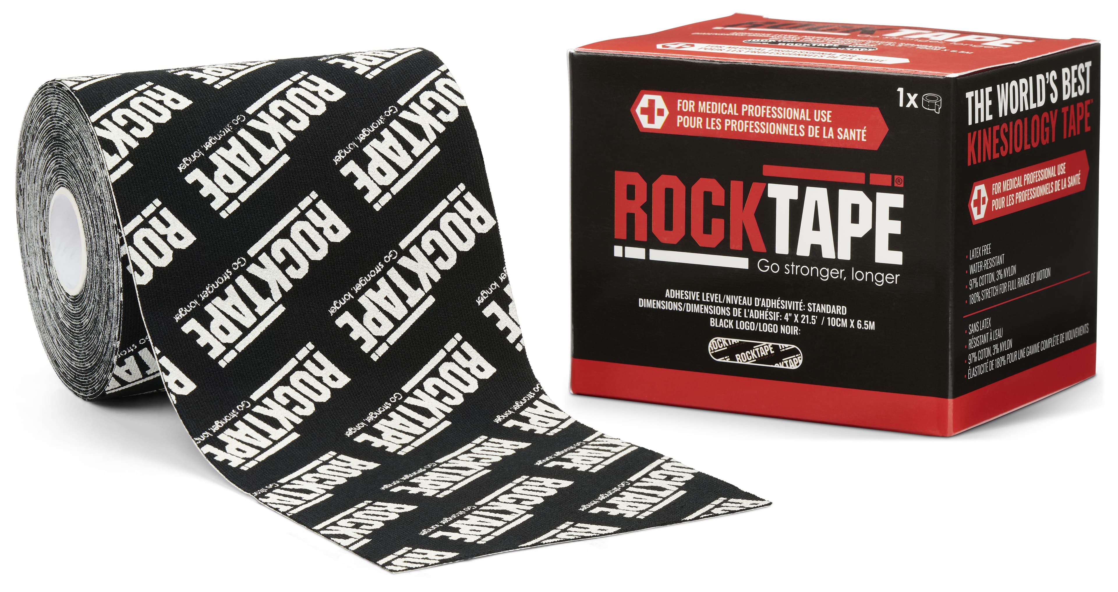 RockTape Standard Kinesiology Tape, Black with Logo, 4" x 21.5' Roll, Non-Sterile - RockTape Standard Black Logo - Image 1