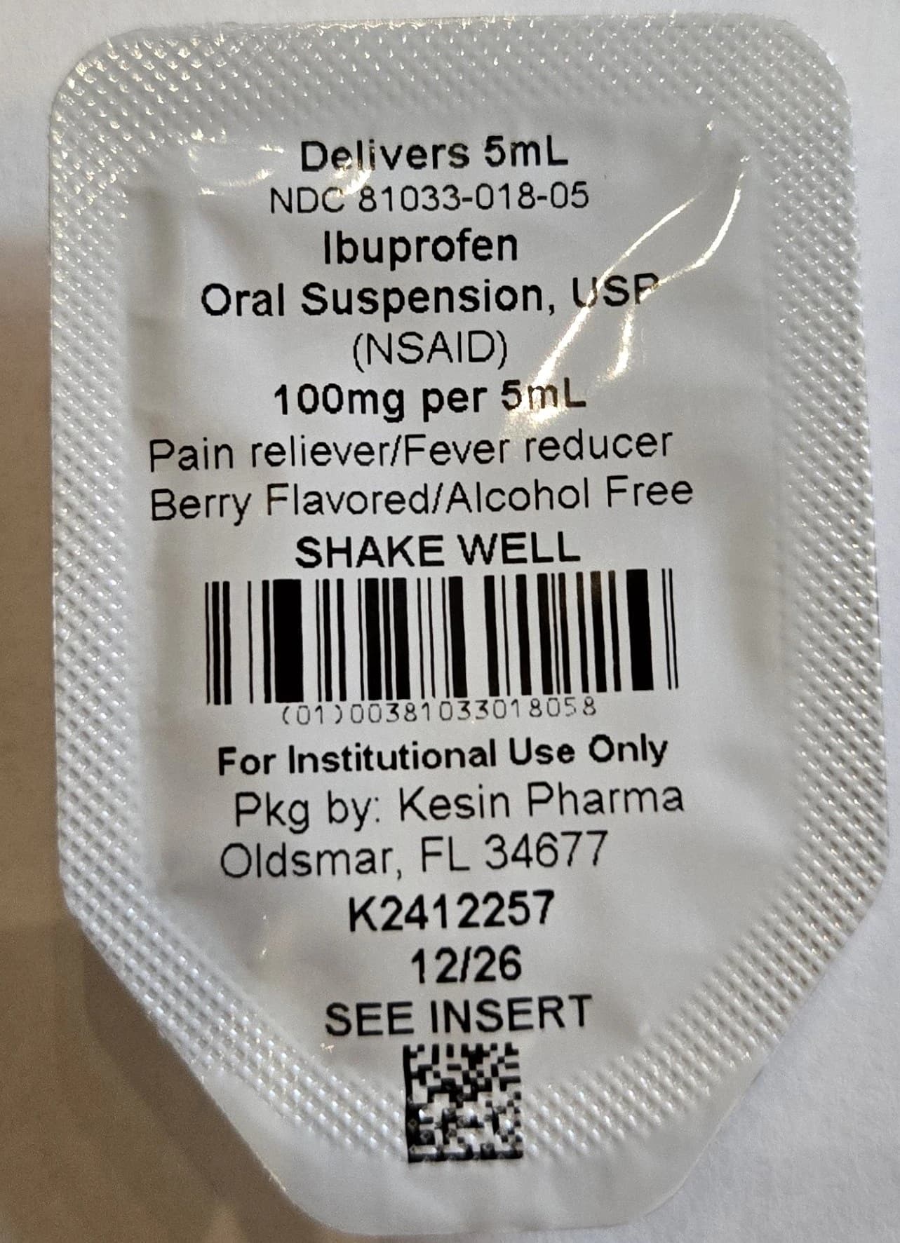Ibuprofen Oral Suspension 100mg/5mL, Berry Flavor, Unit Dose 5mL, 100/Package - Ibuprofen Oral Suspension UD - Image 1