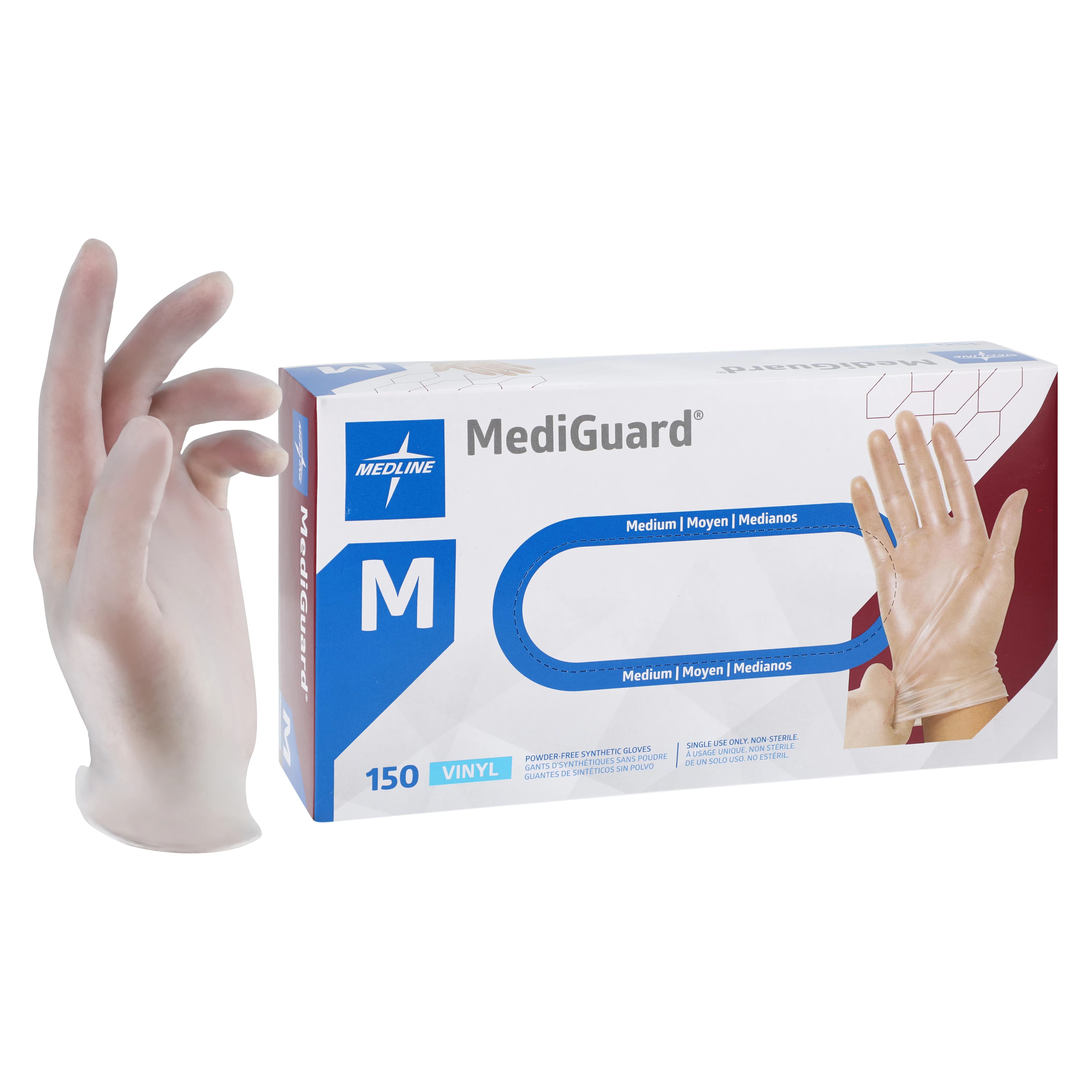 MediGuard Vinyl Exam Gloves, Medium, Clear, Non-Sterile, Powder Free, 150/Box - Gloves Exam Mediguard PF - Image 1