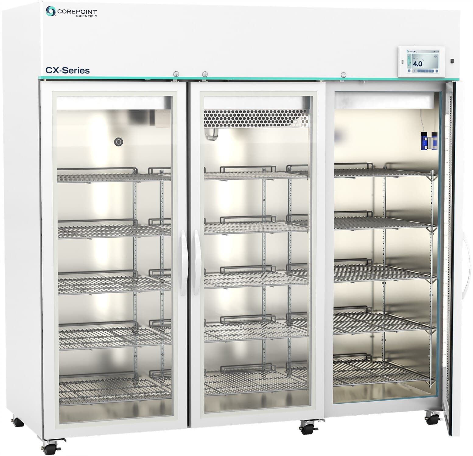 Corepoint Scientific Premium CX Lab Fridge, 72 Cu Ft, 3 Glass Doors, Right Hinge, 1-10°C, Cycle Defrost thumbnail 2