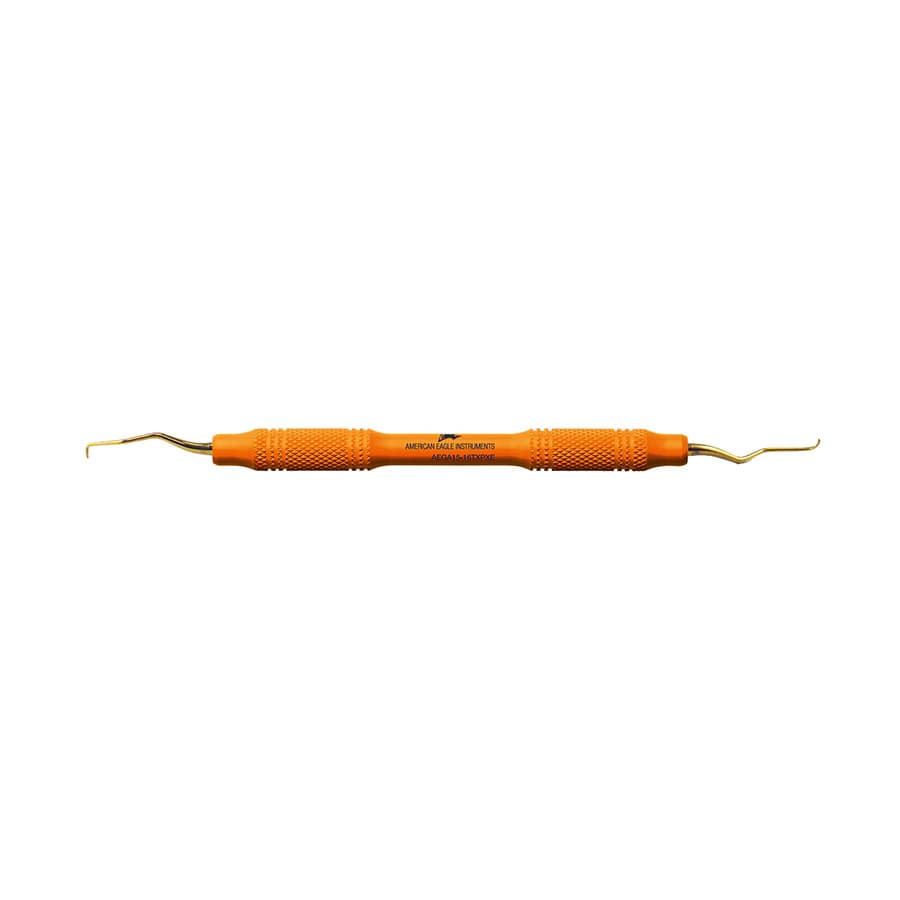 Pro Thin™ XP® SQUARED Technology Gracey +3 Access 15-16 Posterior Mesial Curette, EagleLite Handle, Orange, Double End, AEGA15-16TXPXE - Pro Thin™ XP® SQUARED Technology Gracey +3 Access 15-16 posterior mesial with plastic handle - Image 1
