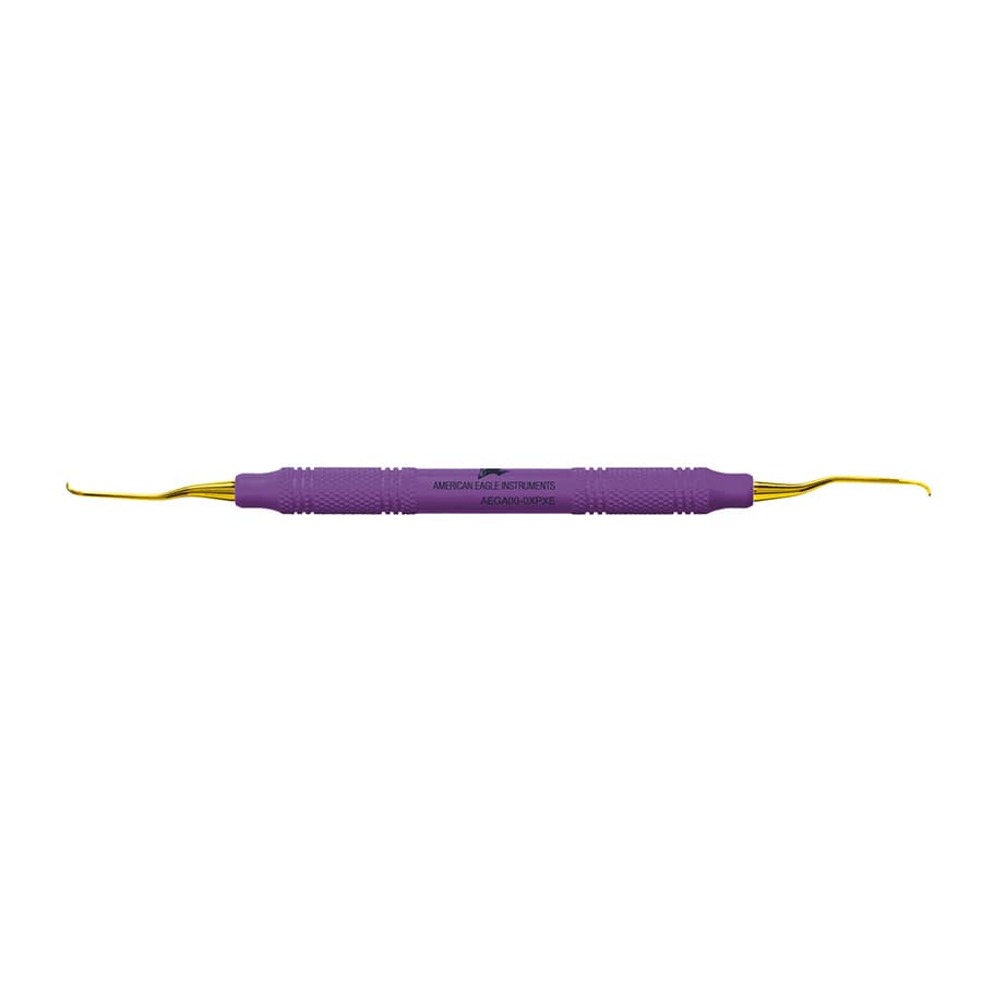 American Eagle XP® SQUARED Technology Gracey +3 Access Curette, 00/0 Anterior, Double End, Purple EagleLite Handle, AEGA00-0XPXE - XP® SQUARED Technology Gracey +3 Access 00-0 anterior with plastic handle - Image 1