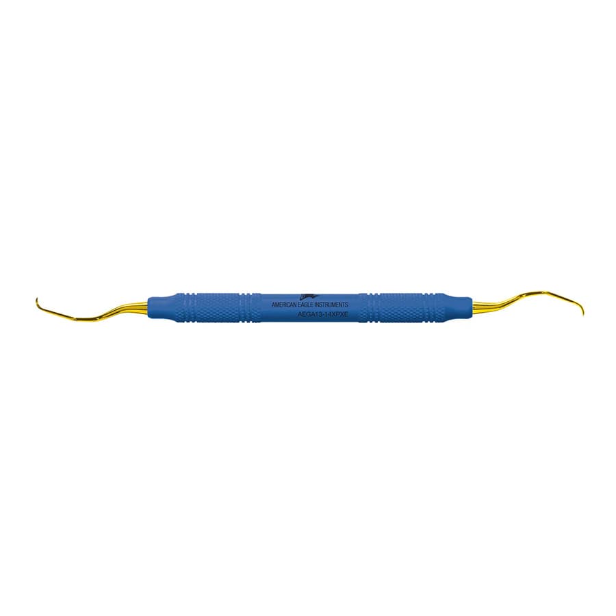 XP® SQUARED Technology Gracey Access 13-14 Posterior Distal Curette, +3 Access, Blue Plastic Handle, Double-End, AEGA13-14XPXE - XP® SQUARED Technology Gracey +3 Access 13-14 posterior distal with plastic handle - Image 1