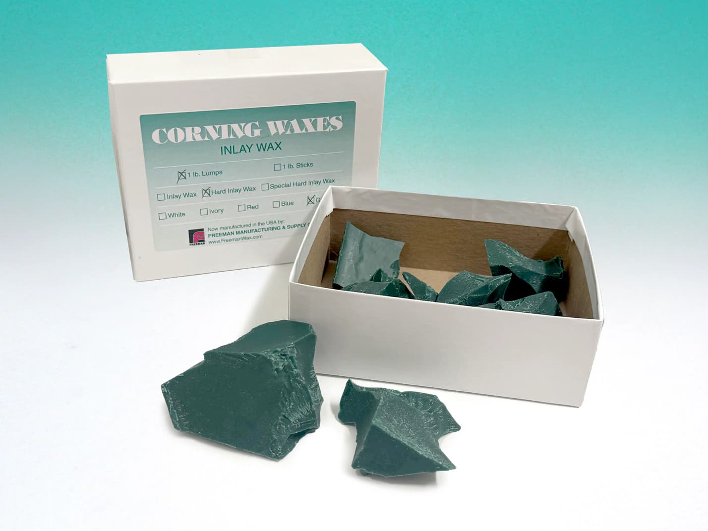 Freeman Green Inlay Wax, Hard Lumps, 1 lb Box - Green Wax Inlay Hard Lumps 1lb Box of 1 - Image 1