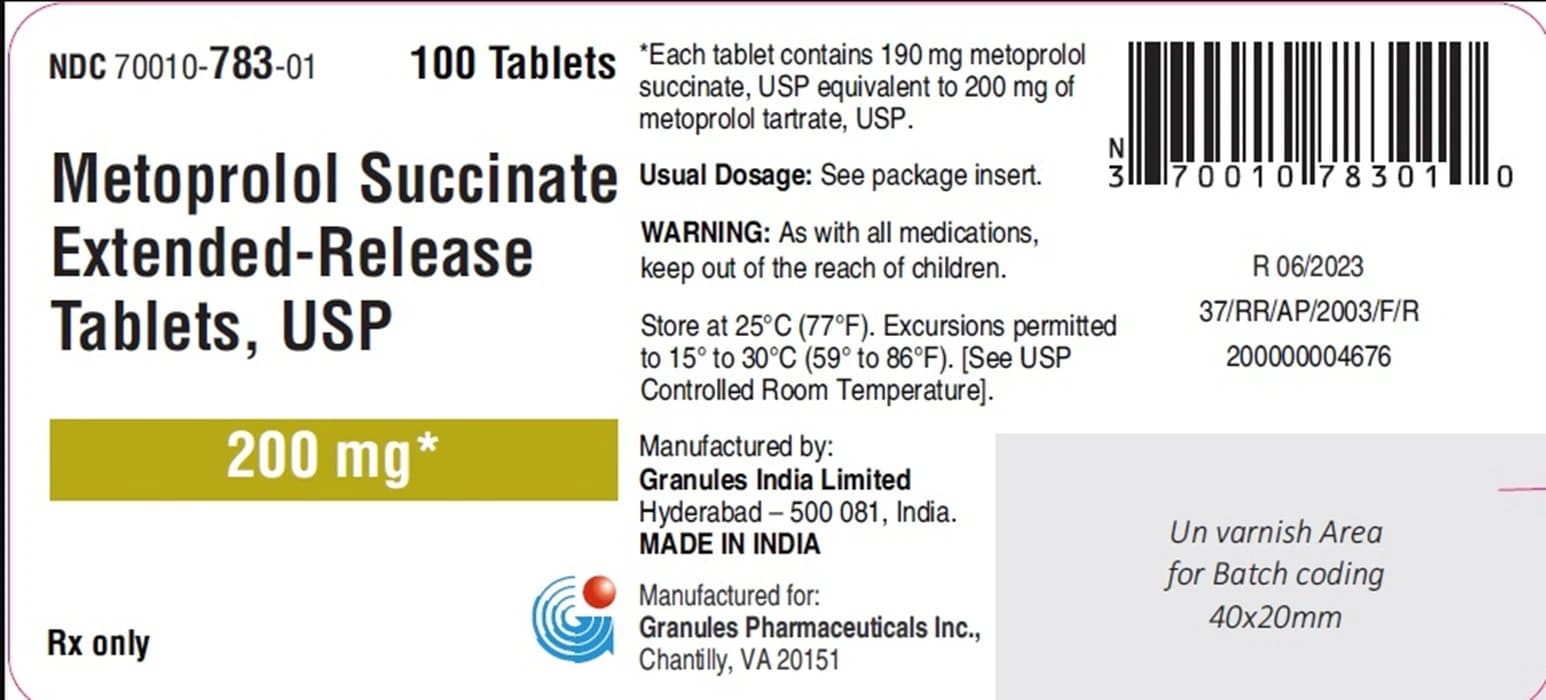 Metoprolol Succinate Extended-Release Tablets, 200 mg, 100 Count Bottle (Granules Pharmaceuticals) thumbnail 2