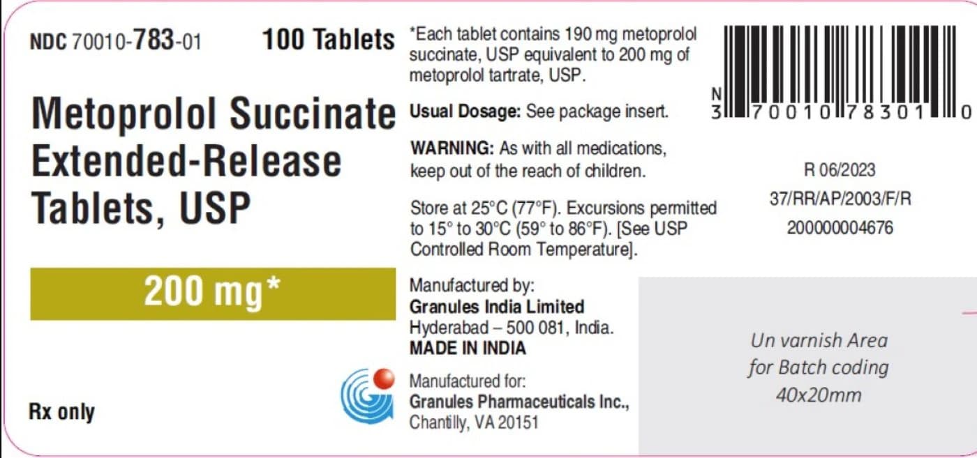 Metoprolol Succinate Extended-Release Tablets, 200 mg, 100 Count Bottle (Granules Pharmaceuticals) - Metoprolol Succinate ER Tabs - Image 1