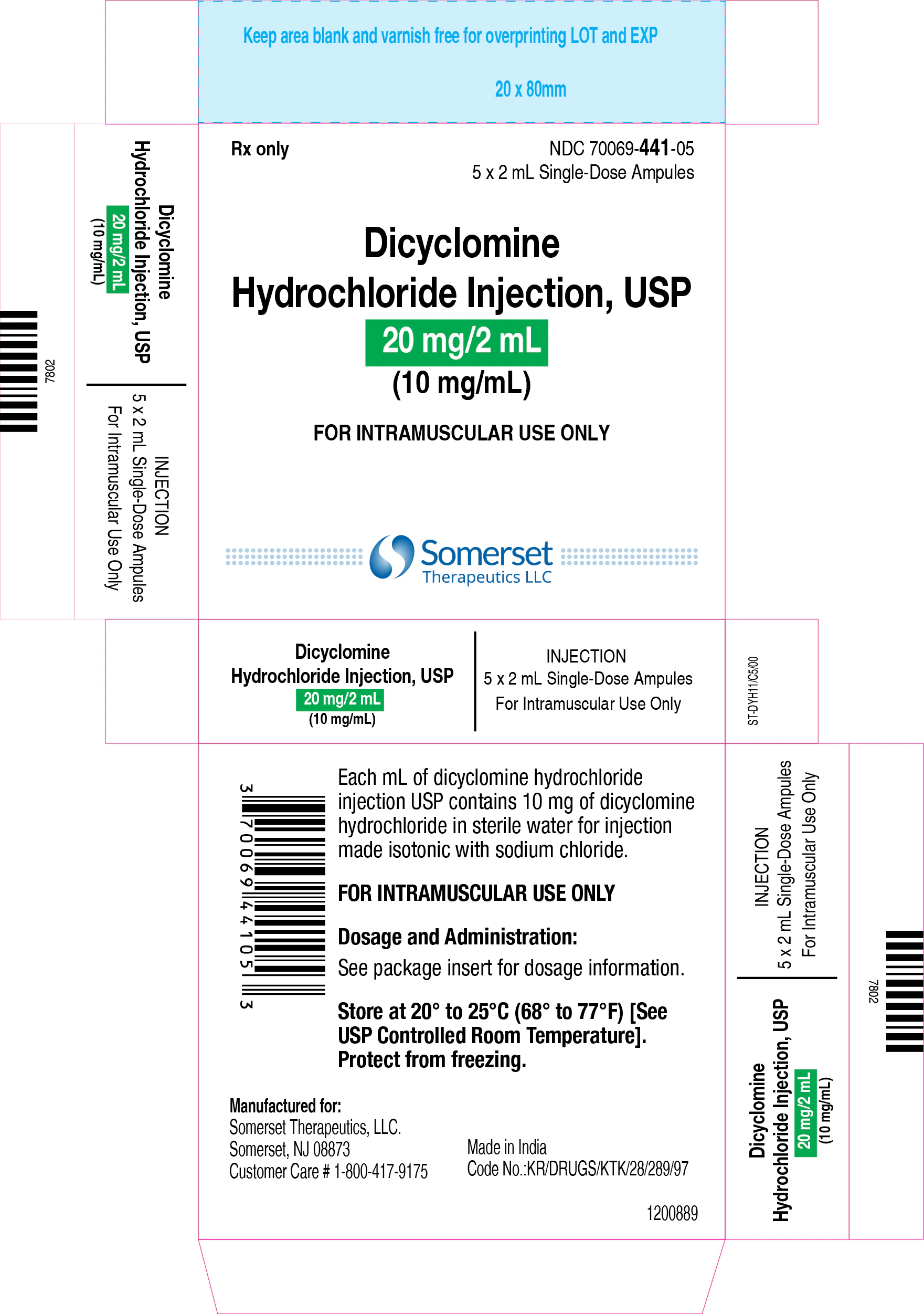 Dicyclomine HCl Injection 10 mg/mL Ampule 2 mL, 5/Package (Somerset Pharma) - Dicyclomine HCl Inj Ampule 2mL - Image 1