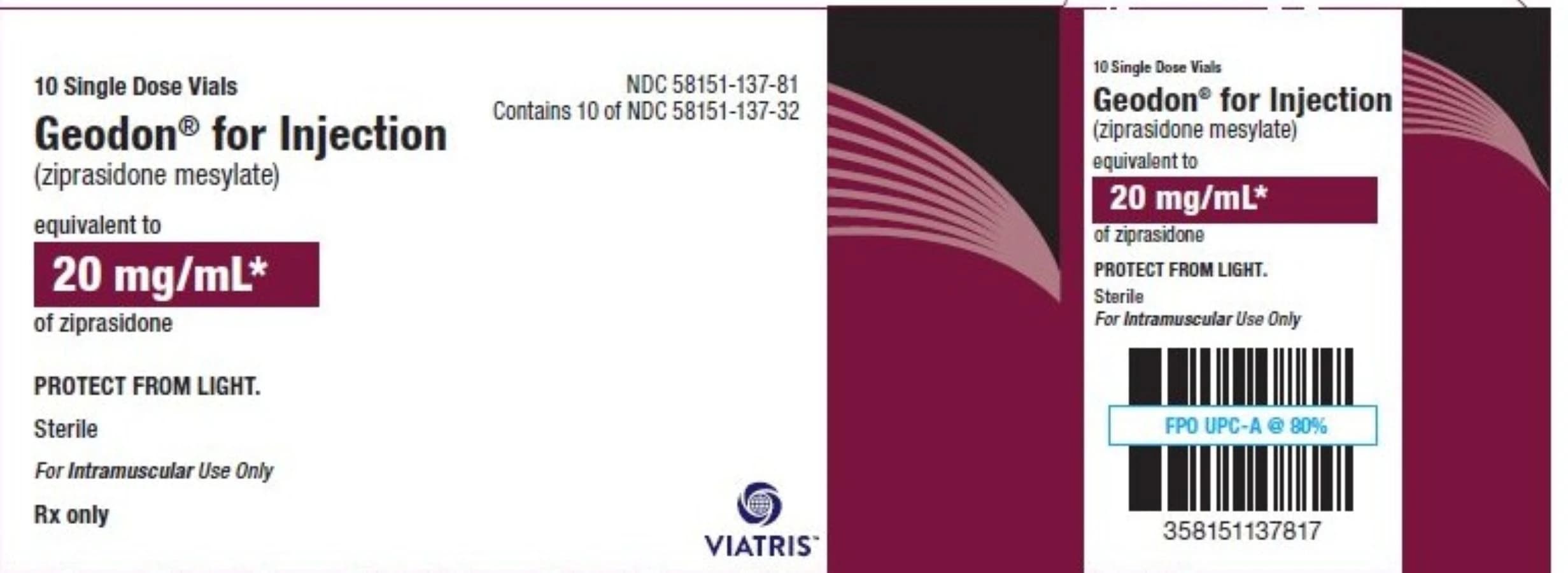 Geodon (Ziprasidone) Injection 20 mg/mL, Single-Dose Vial, 10/Package - Geodon Inj SDV - Image 1