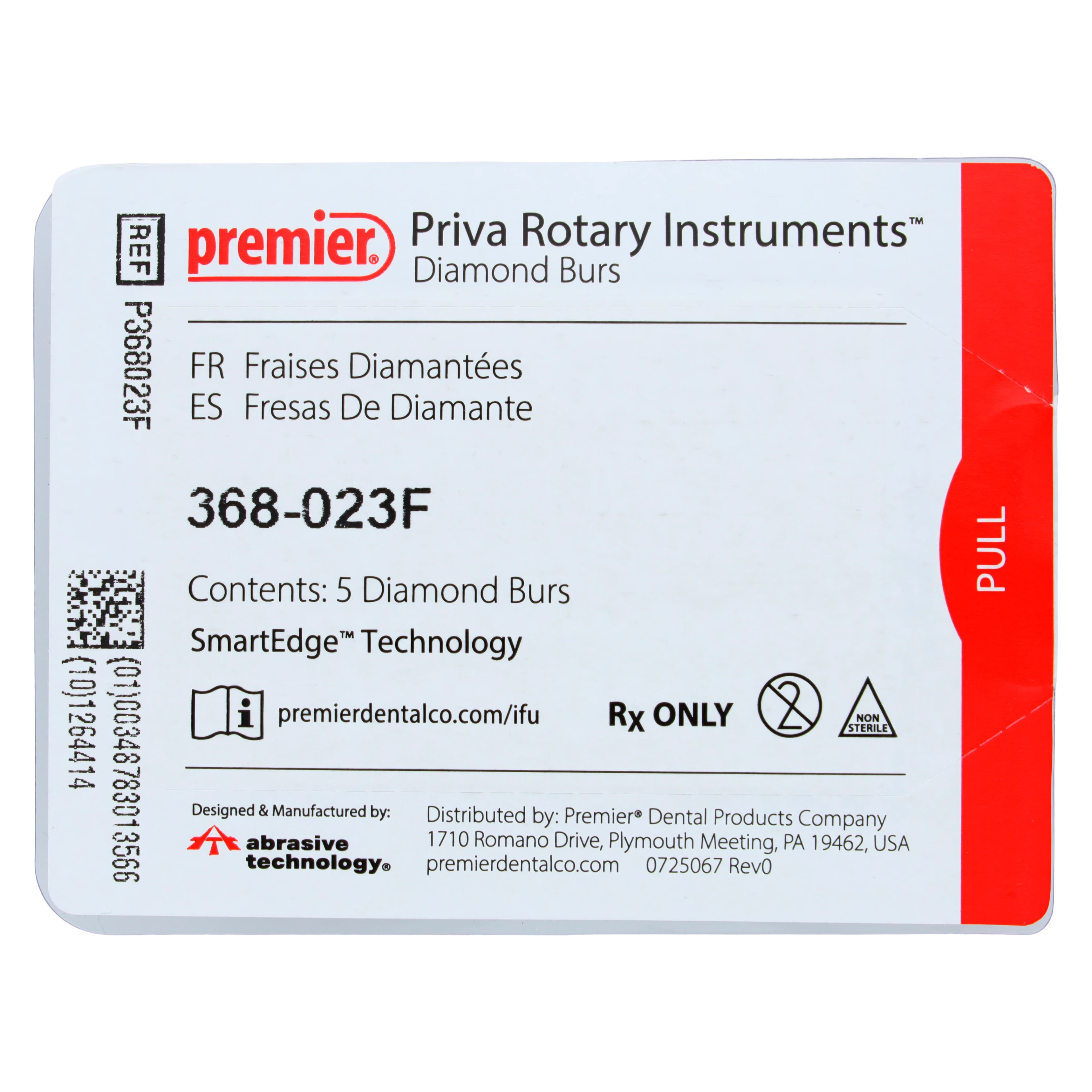 Priva Rotary Instruments Diamond Bur, FG, Fine, Red, Football, #368-023F, 2.3 mm Head Diameter, 5/Pkg, P368023F thumbnail 3