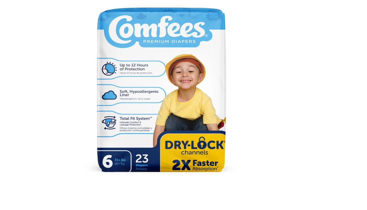 Comfees Baby Diapers, Size 6 (Over 35 lb), Ultra Absorbent, Disposable, Fragrance Free, Unisex, Hypoallergenic, 92/Case - Diaper Baby Comfees Size 6 - Image 1
