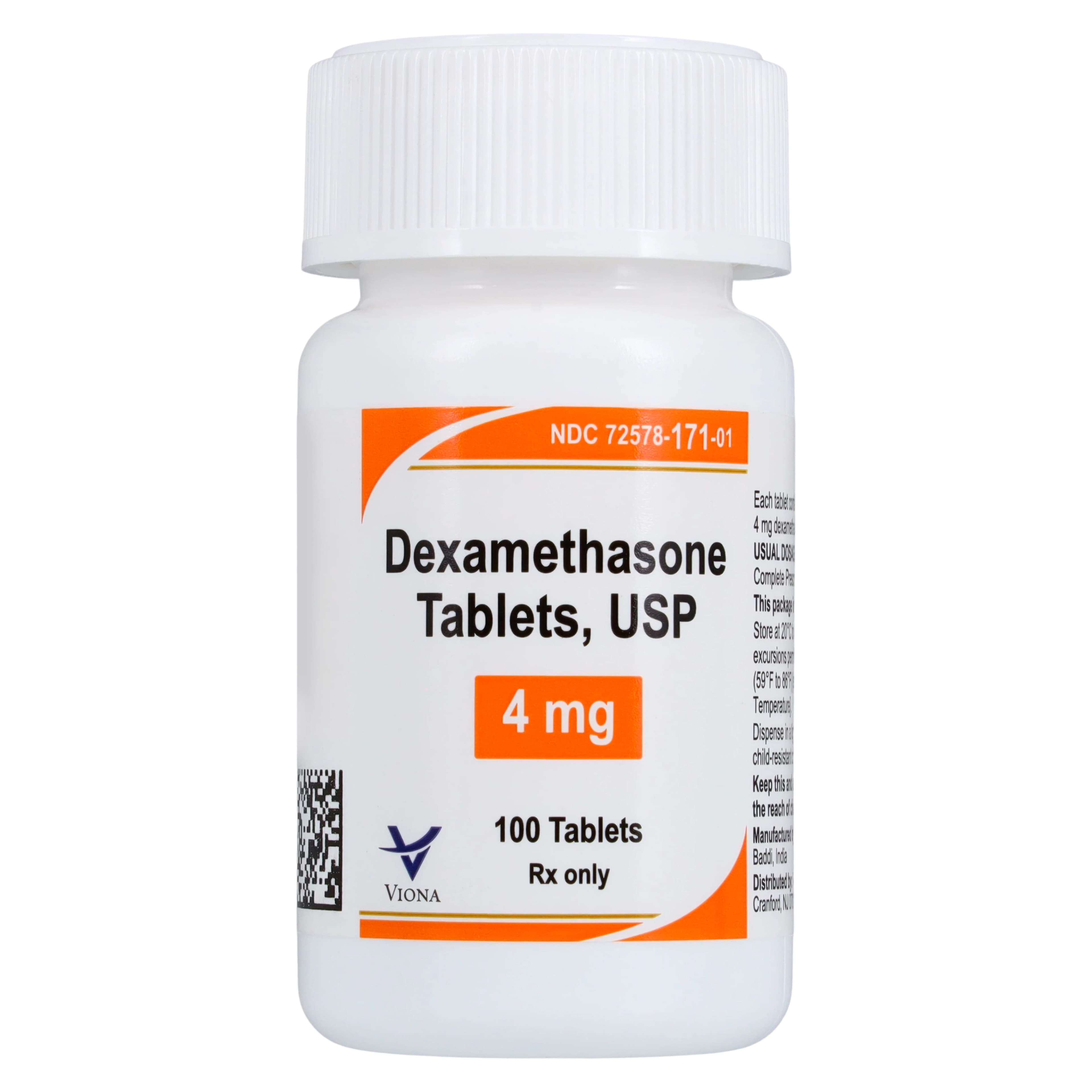 Dexamethasone Tablets 4mg, 100 Count Bottle (Viona Pharmaceuticals) - Dexamethasone Tablets - Image 1