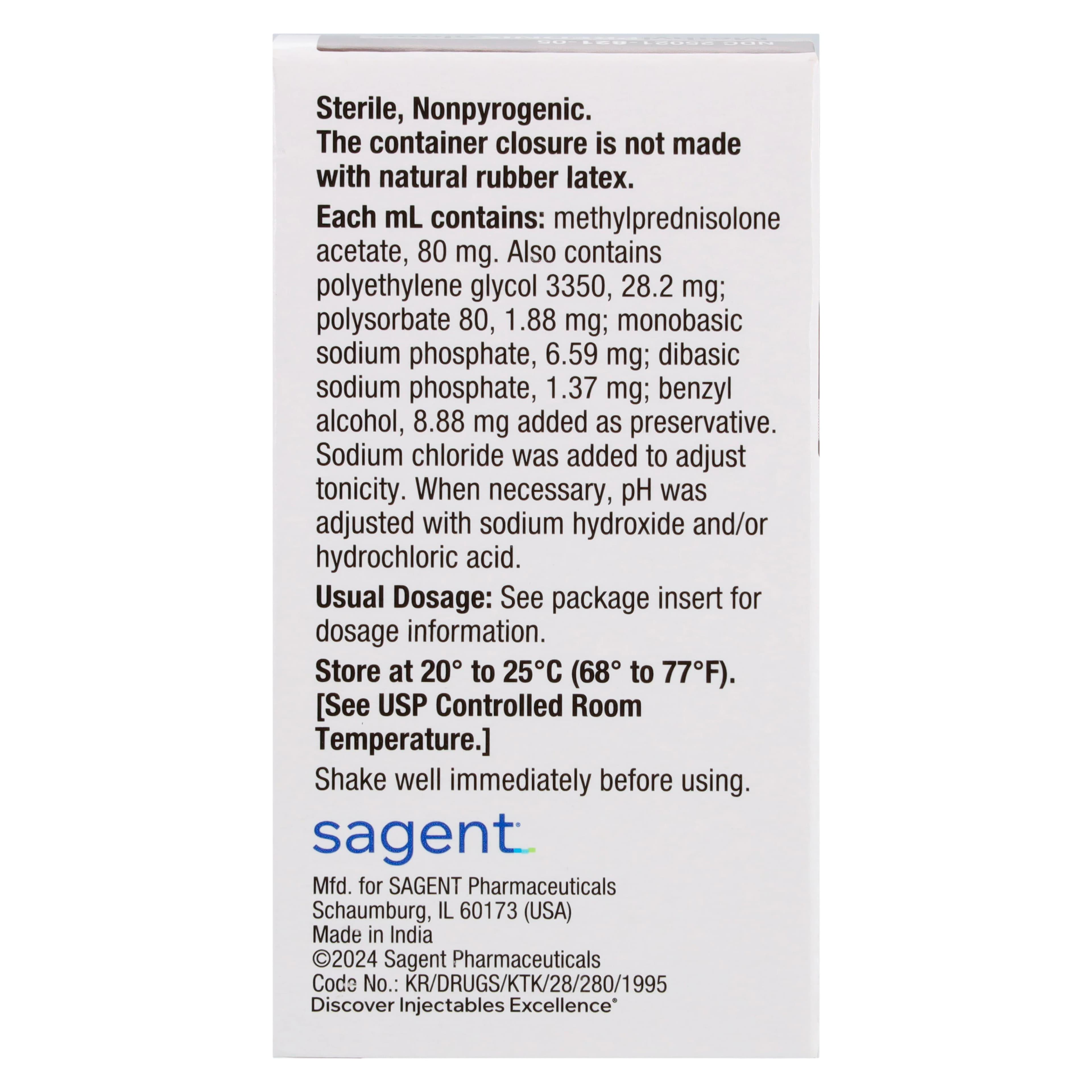 Methylprednisolone Acetate Injection 80 mg/mL, Multi-Dose Vial, 5 mL, Sagent Pharmaceuticals thumbnail 6