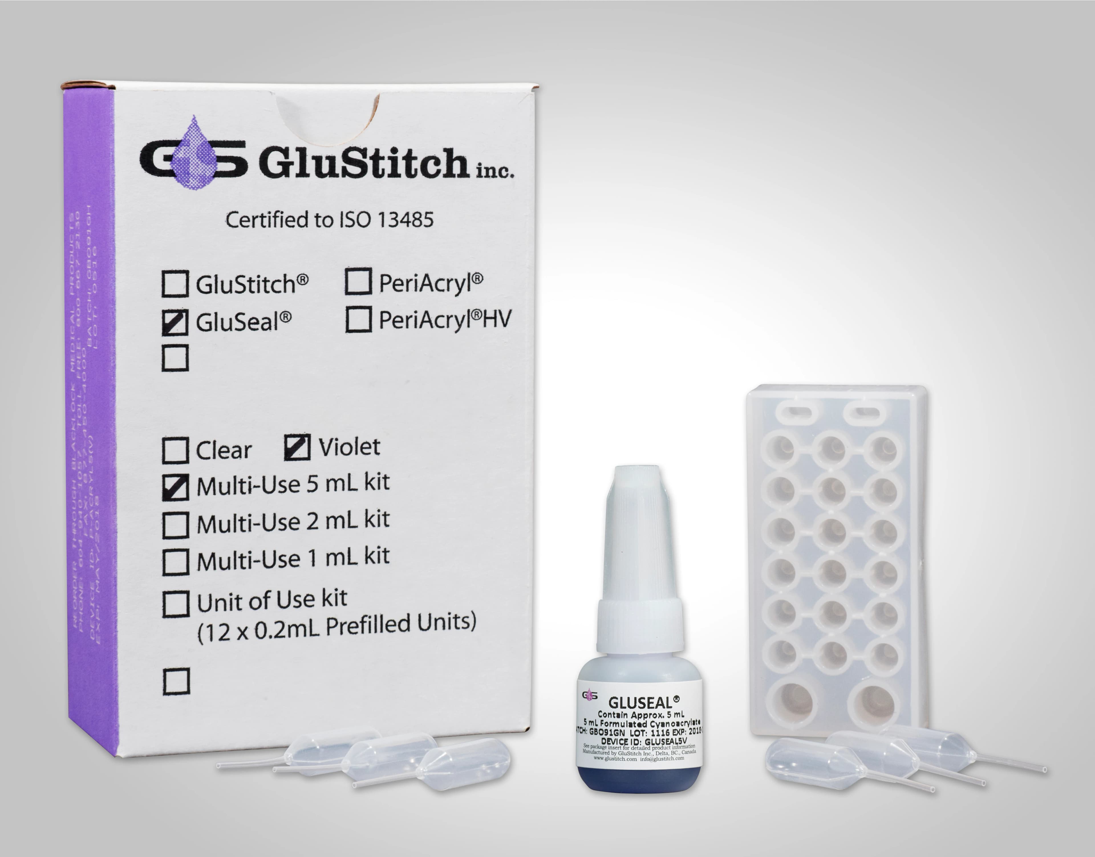 GluSeal Liquid Adhesive Bandage, n-Butyl Cyanoacrylate/2-Octyl Cyanoacrylate, 5 mL, Violet, Each - Bandage Liquid Adhsv GluSeal - Image 1