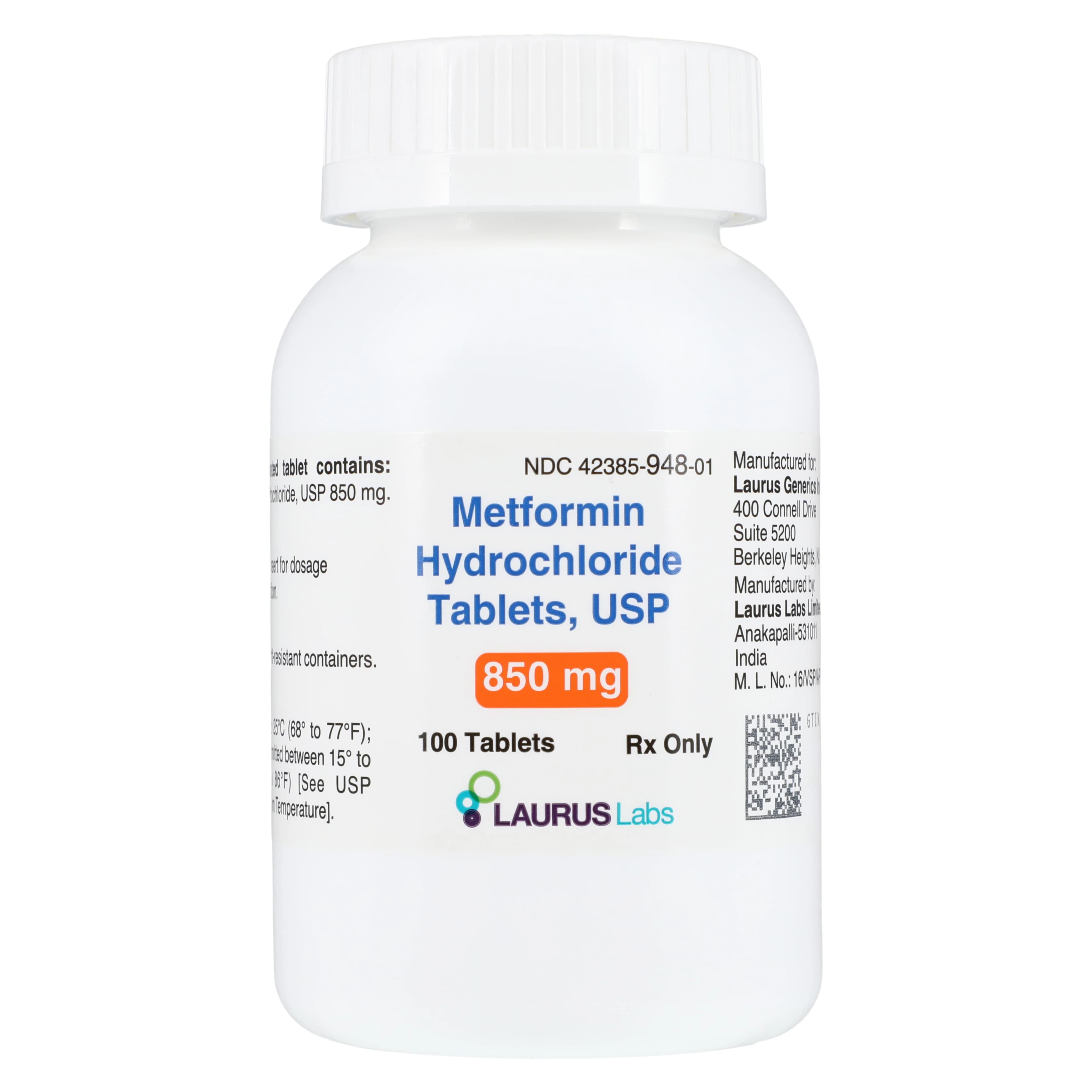 Metformin HCl Tablets 850mg, 100 Count Bottle, Laurus Lab - Metformin HCl Tablets - Image 1