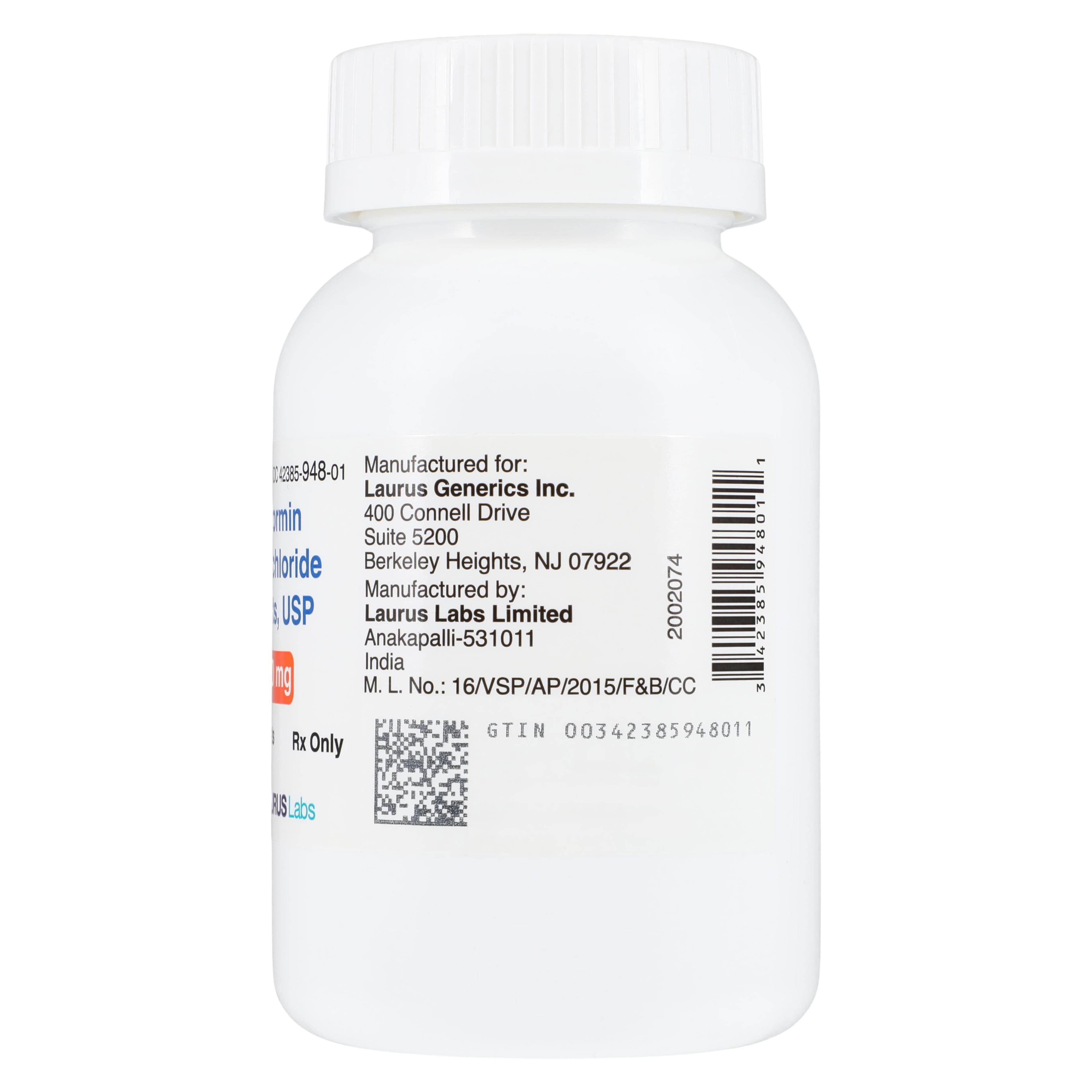 Metformin HCl Tablets 850mg, 100 Count Bottle, Laurus Lab thumbnail 3