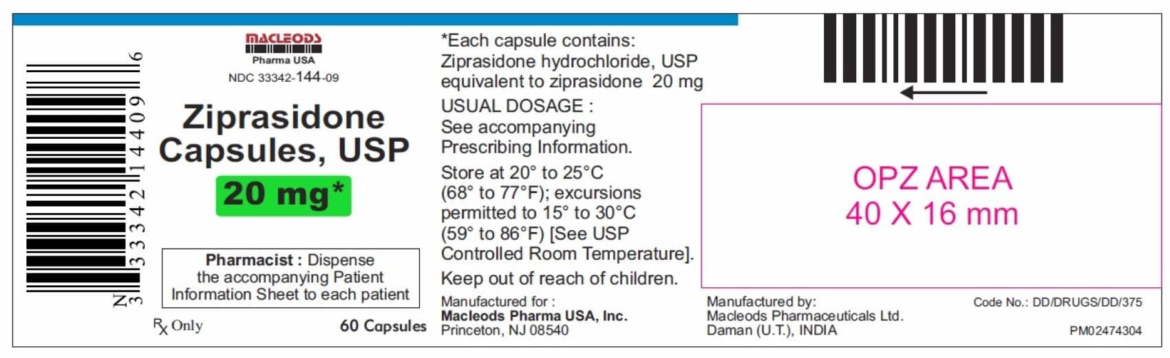 Ziprasidone Capsules 20mg, 60/Bottle (Macleod Pharmaceuticals) - Ziprasidone Capsules - Image 1