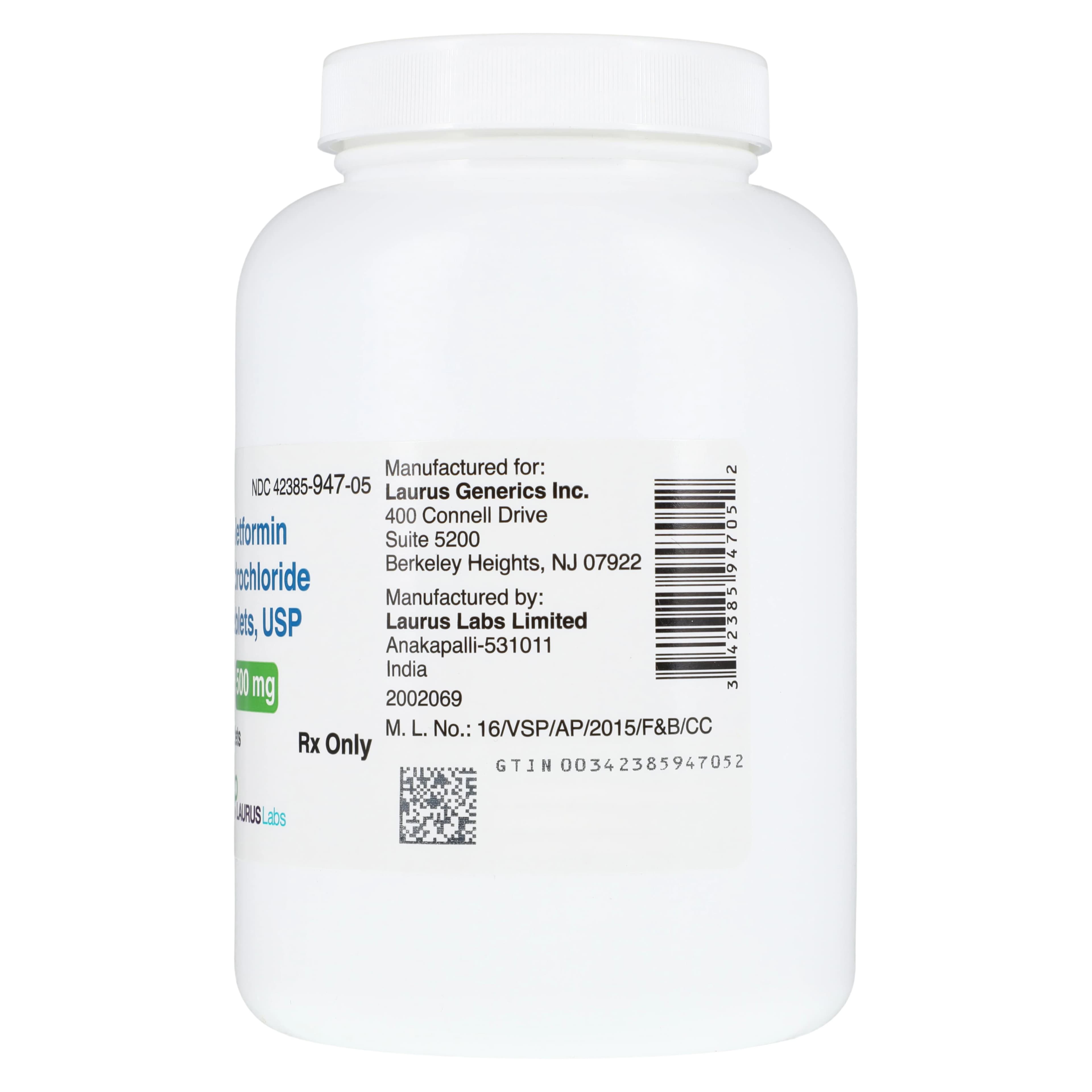 Metformin HCl Tablets 500mg, 500 Count Bottle, Laurus Lab thumbnail 3
