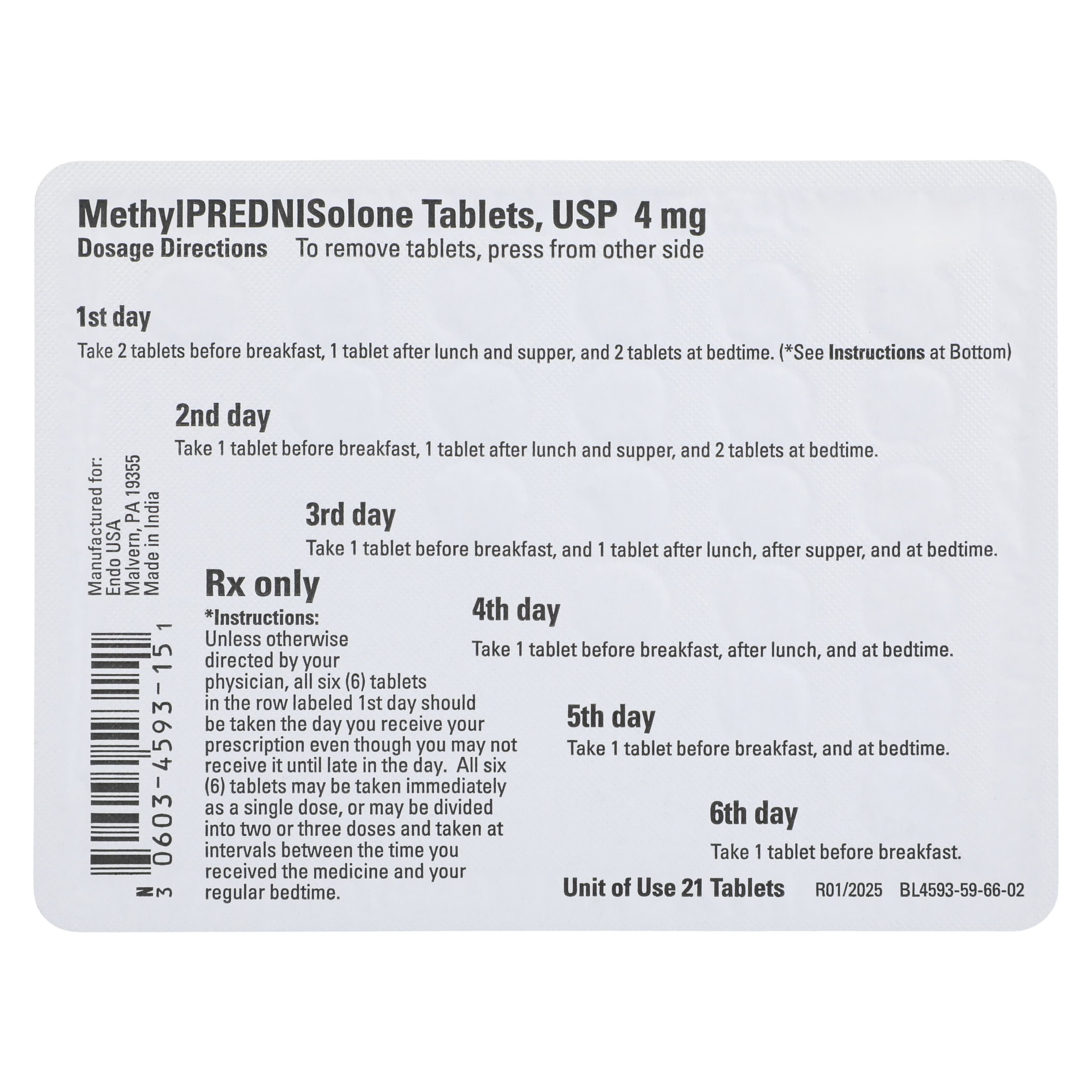 Methylprednisolone Tablets USP 4 mg, Unit Dose Blister Pack, 21/Pkg (NDC 00603-4593-15) thumbnail 2