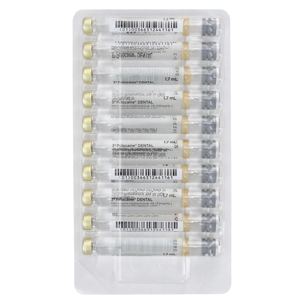 Polocaine 3% Mepivacaine Hydrochloride Injection, USP Plain, 1.7 mL Cartridges, 50/Box, 34416 thumbnail 3