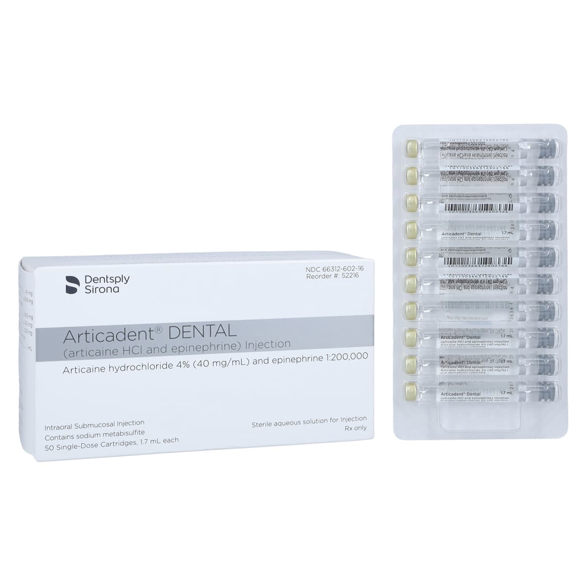 Articadent 4% Articaine HCl with Epinephrine 1:200,000 Injection Cartridges, 1.7 mL, 50/Box, 52216 thumbnail 2