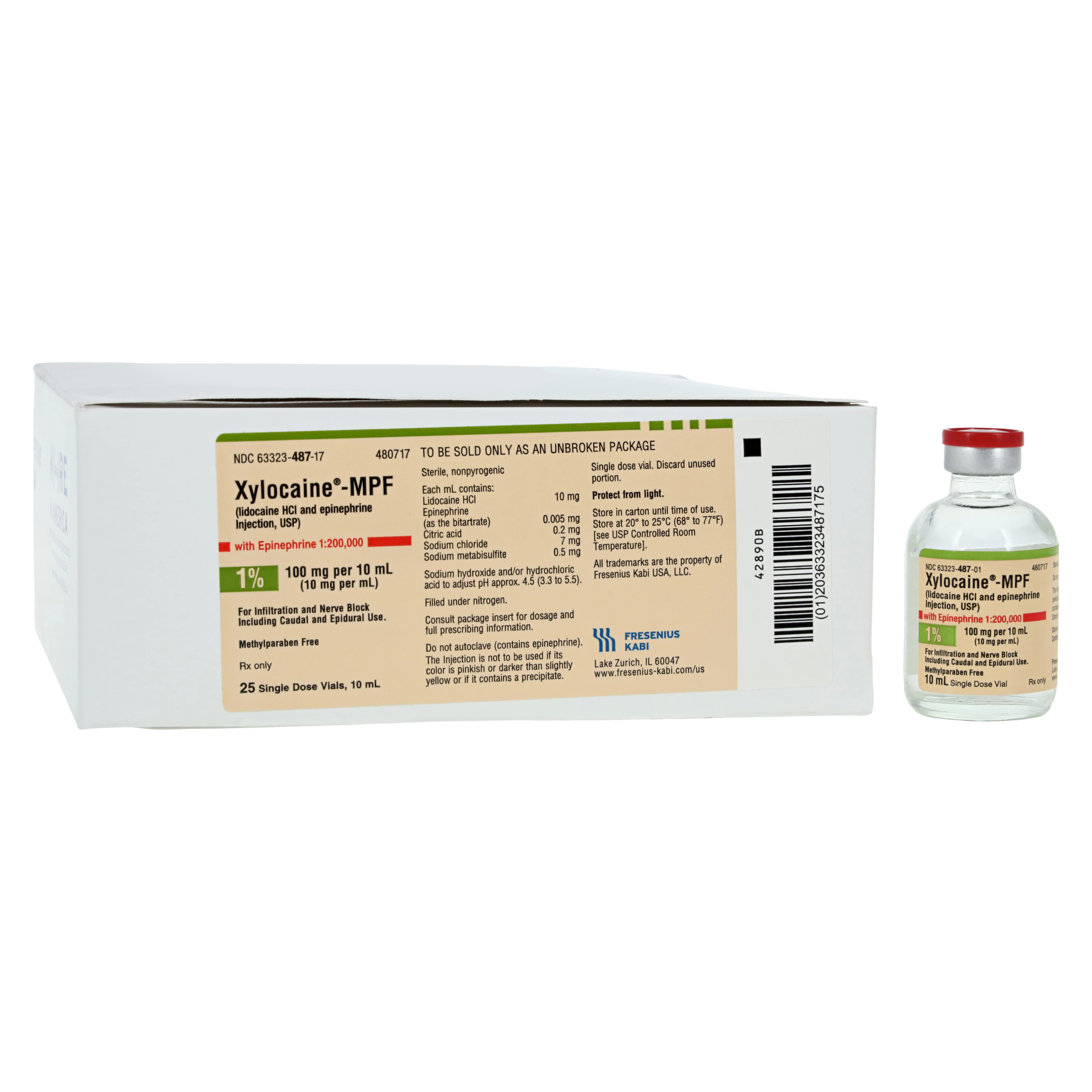 Xylocaine MPF with Epinephrine Injection, 1% Lidocaine HCl / 1:200,000 Epinephrine, Preservative-Free, Single-Dose Vial, 10 mL, 25/Package thumbnail 2