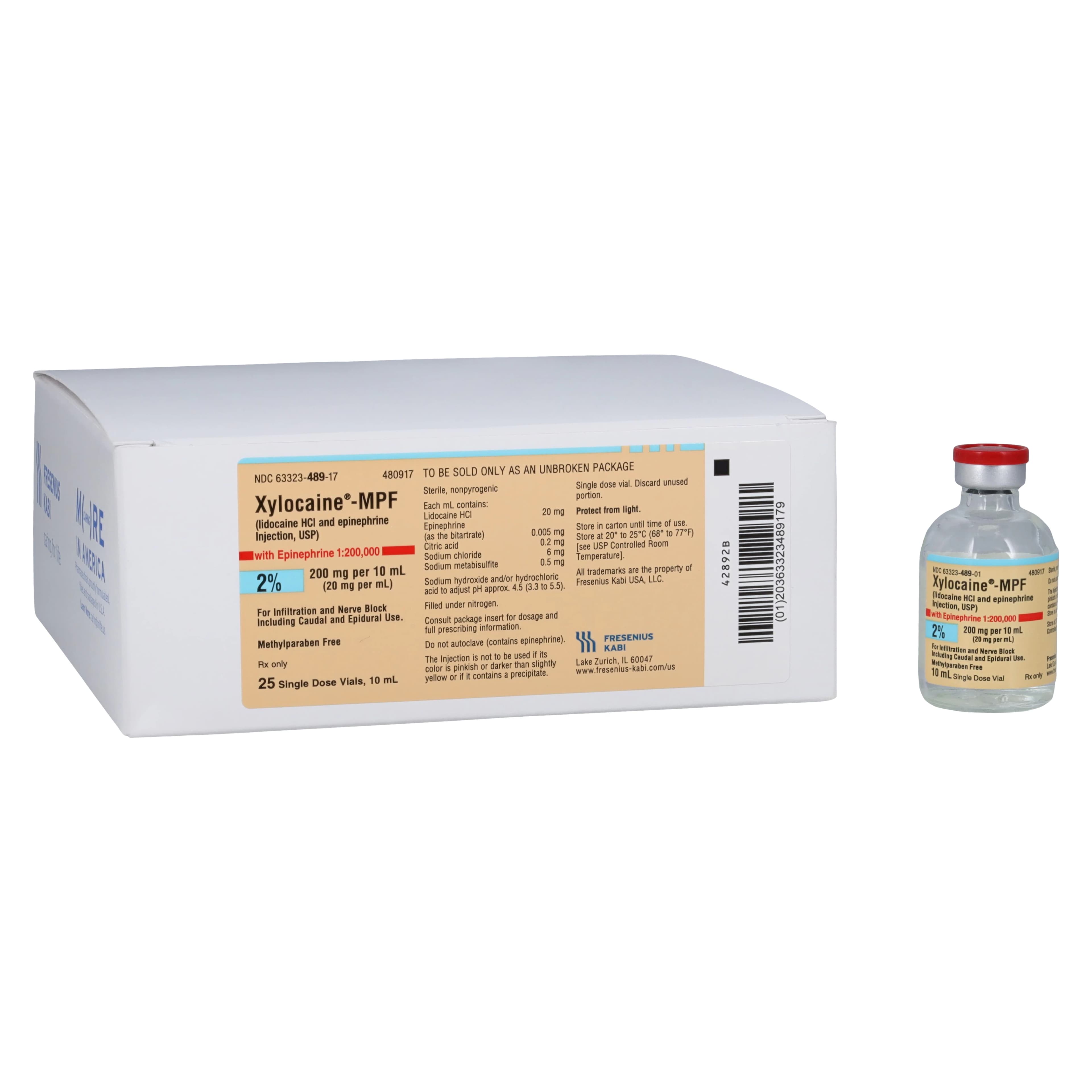 Xylocaine MPF with Epinephrine Injection 2% 1:200,000, Preservative Free, Single Dose Vial, 10mL, 25/Package thumbnail 2