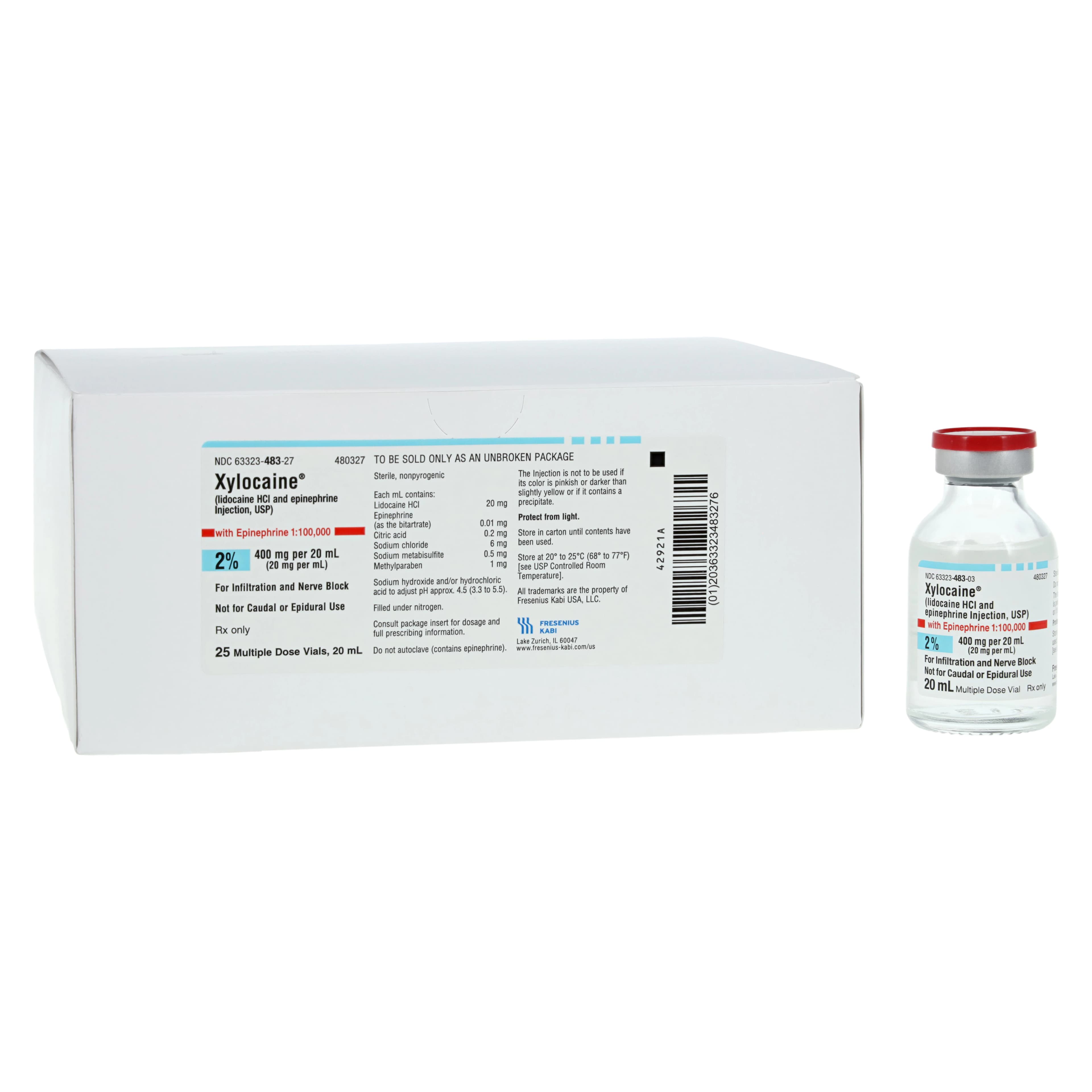 Xylocaine with Epinephrine Injection 2% 1:100,000 MDV 20mL, 25/Package - Xylocaine W/Epi MDV 20ML - Image 1