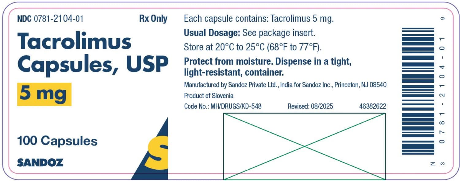 Tacrolimus Capsules 5 mg, 100/Bottle, Sandoz - Tacrolimus Capsules - Image 1