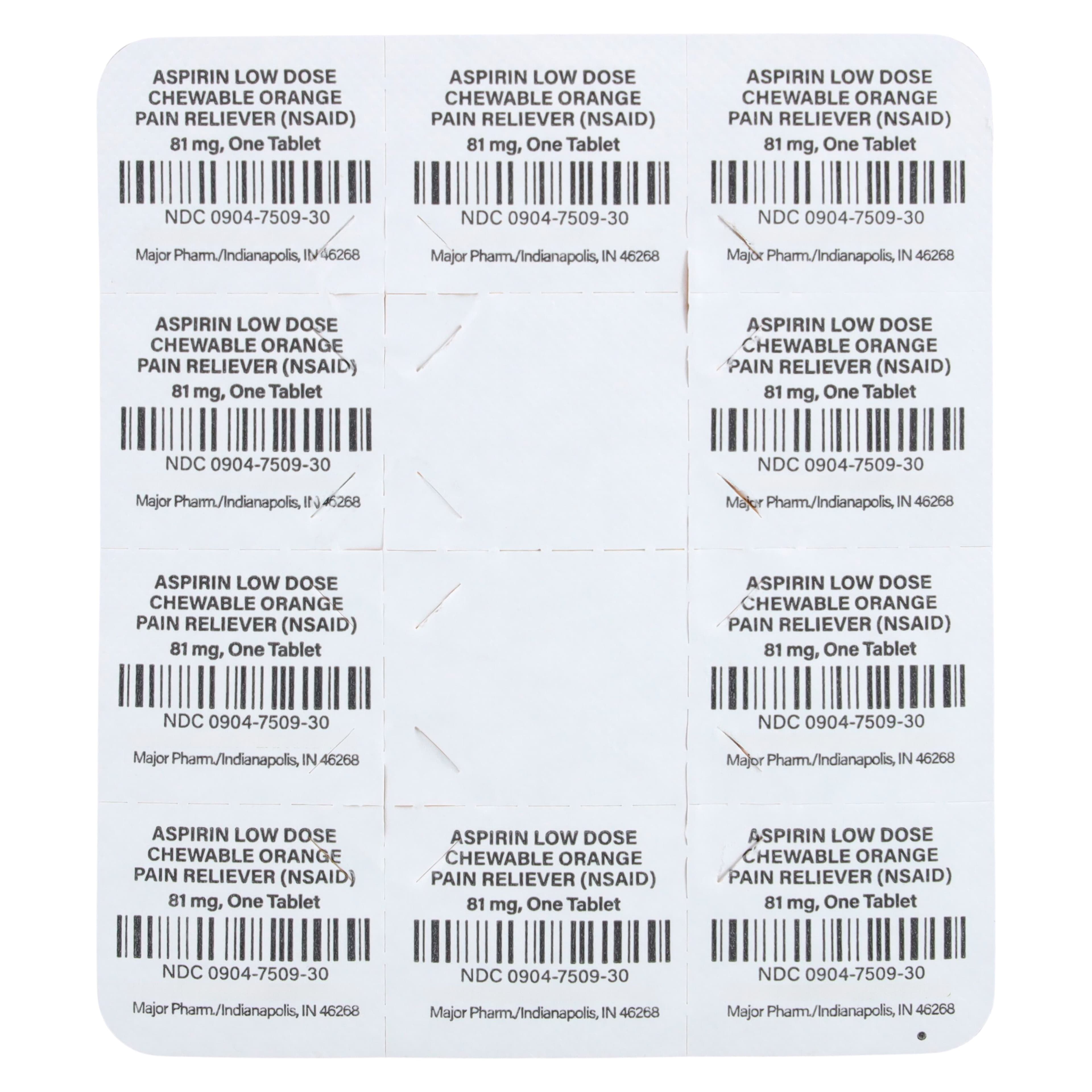 Major Pharmaceuticals Aspirin Chewable Tablets, 81 mg, Unit Dose Blister Pack, 300/Package thumbnail 3