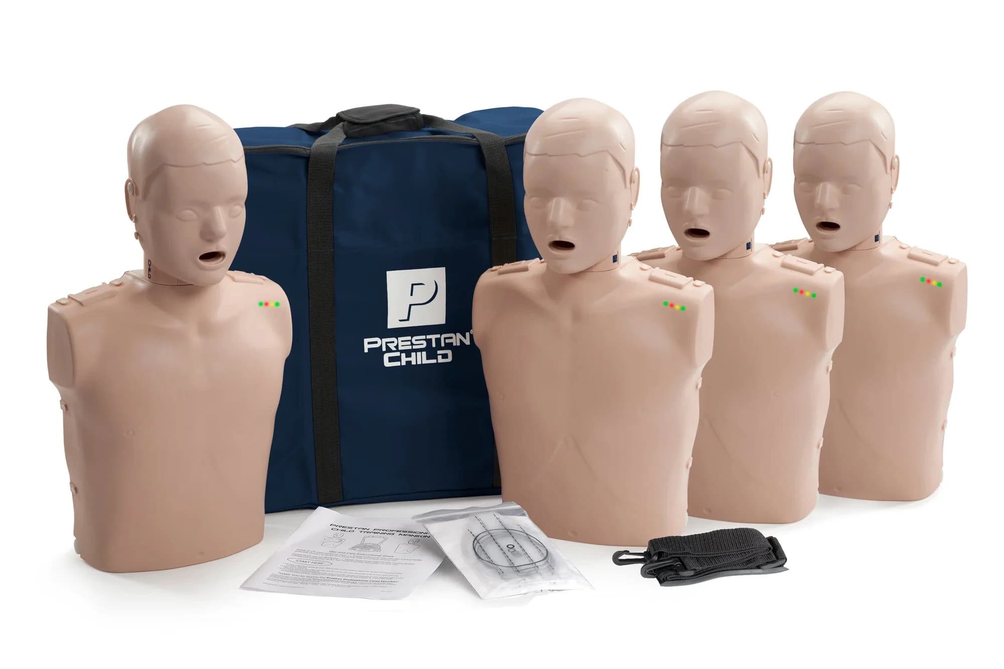 Prestan CPR Training Manikin, Medium Skin, Child, 50 Face-Shield/Lung-Bags, Carry Bag, 4/Pack - Pro Ch Mkn CPR Fdbk Pk 4 Med - Image 1