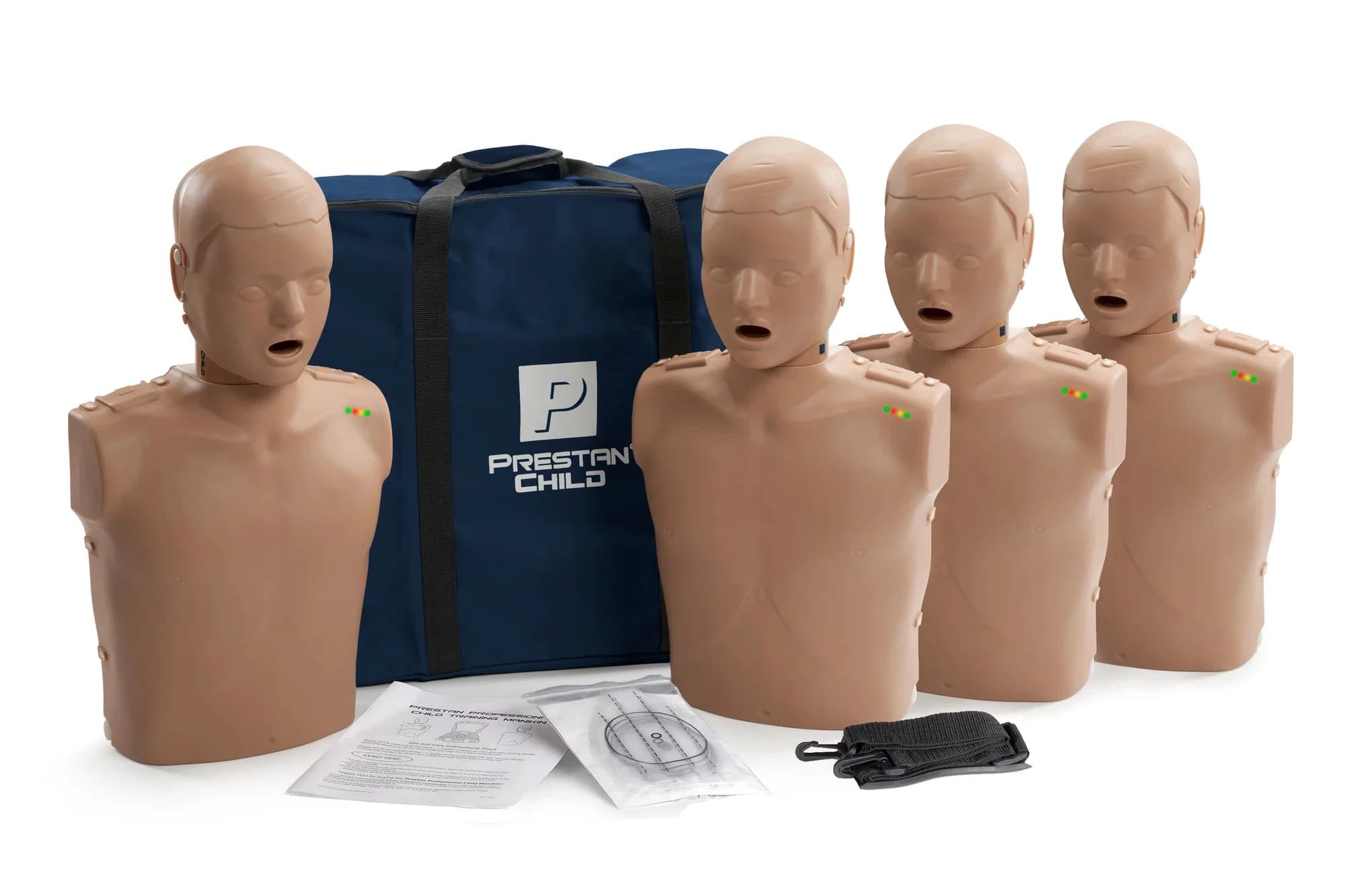 Prestan Child CPR Manikin Kit, Dark Skin, 24x13x21", With 50 Face Shield/Lung Bags and Carry Bag, 4/Pack - Pro Ch Mkn CPR Fdbk Pk 4 Dark - Image 1