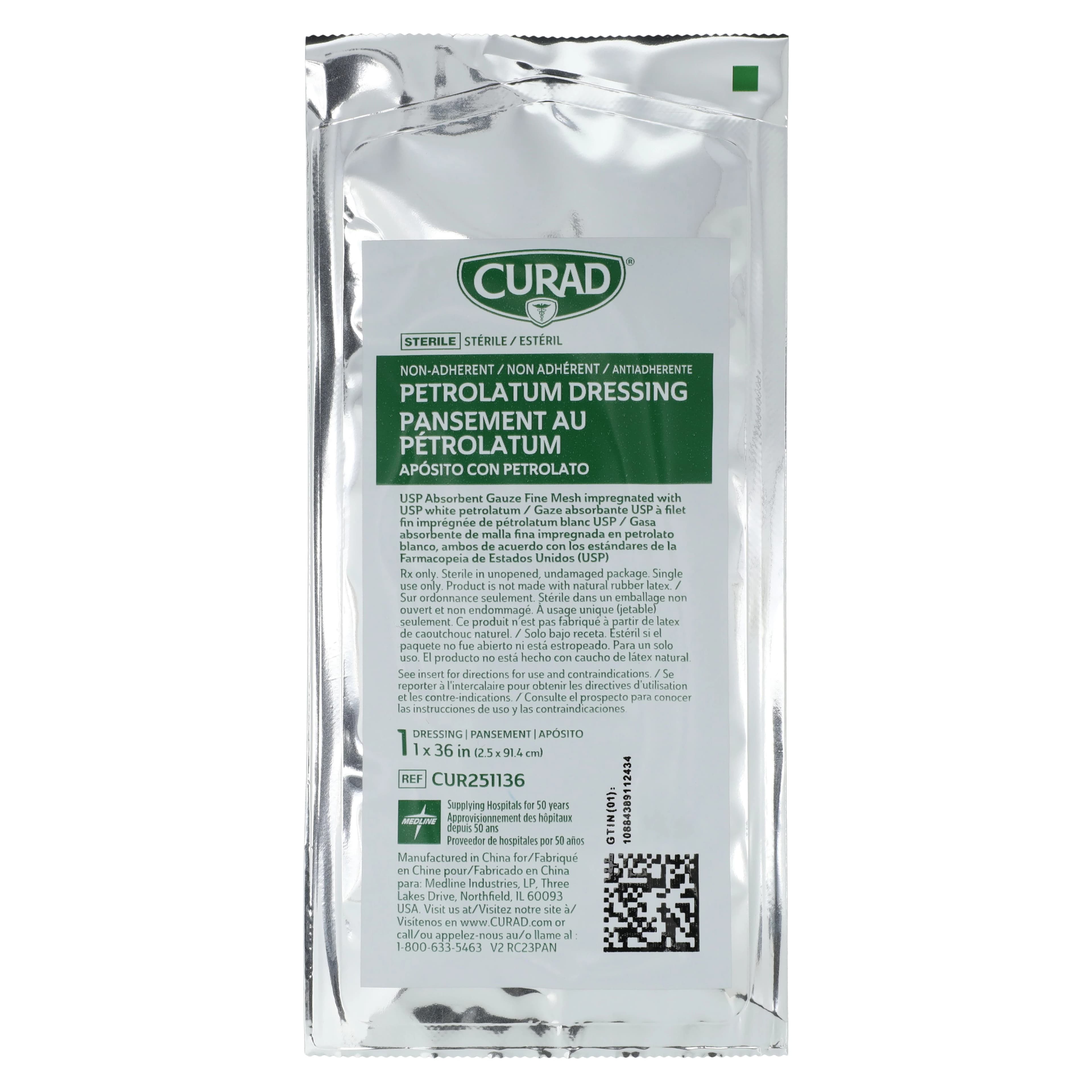 Curad White Petrolatum Gauze Dressing, Sterile, 1" x 36", Cotton, Latex-Free - Dressing Gauze Petrolatum - Image 1