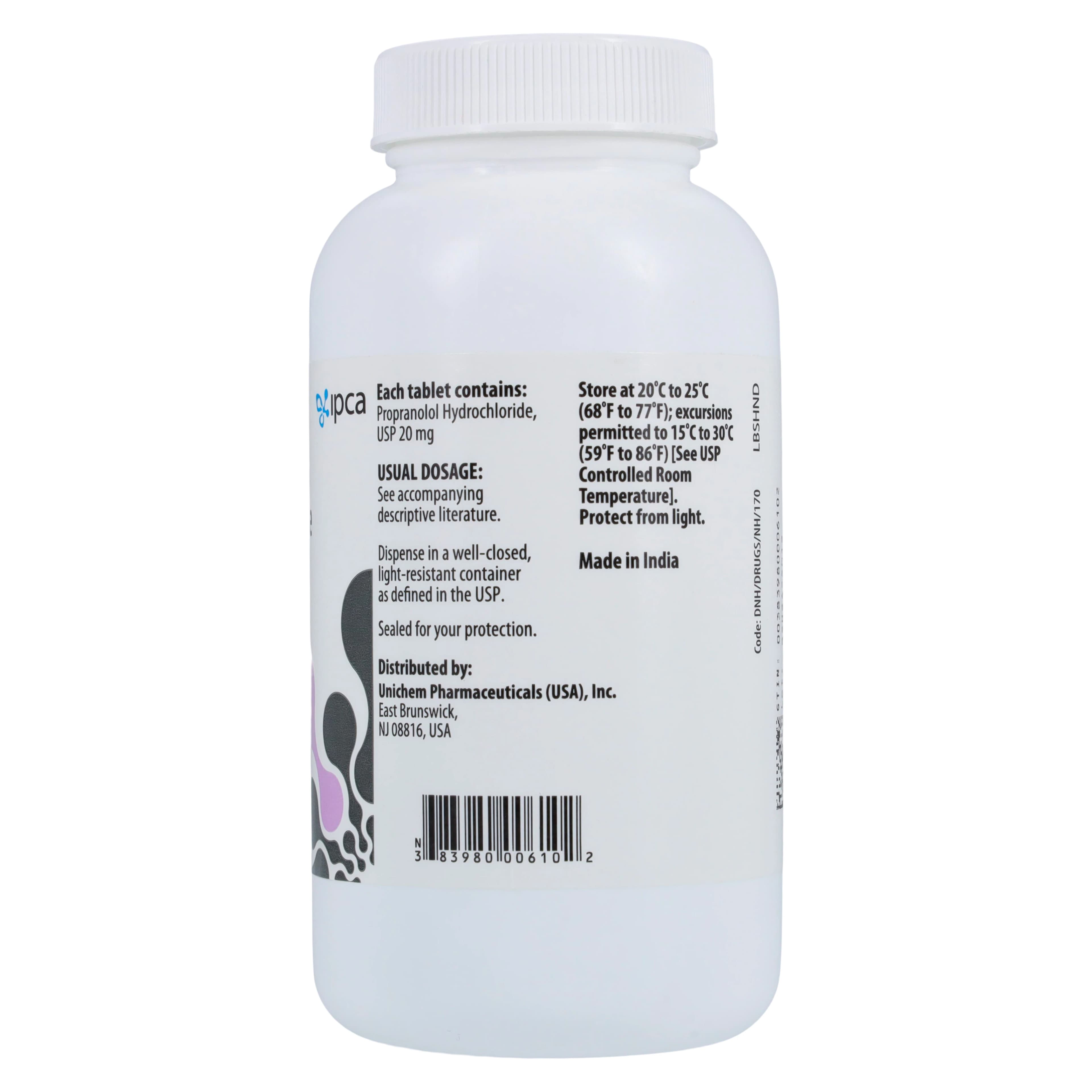 Propranolol HCl Tablets, 20mg, 1000/Bottle, Unichem Pharmaceuticals thumbnail 2