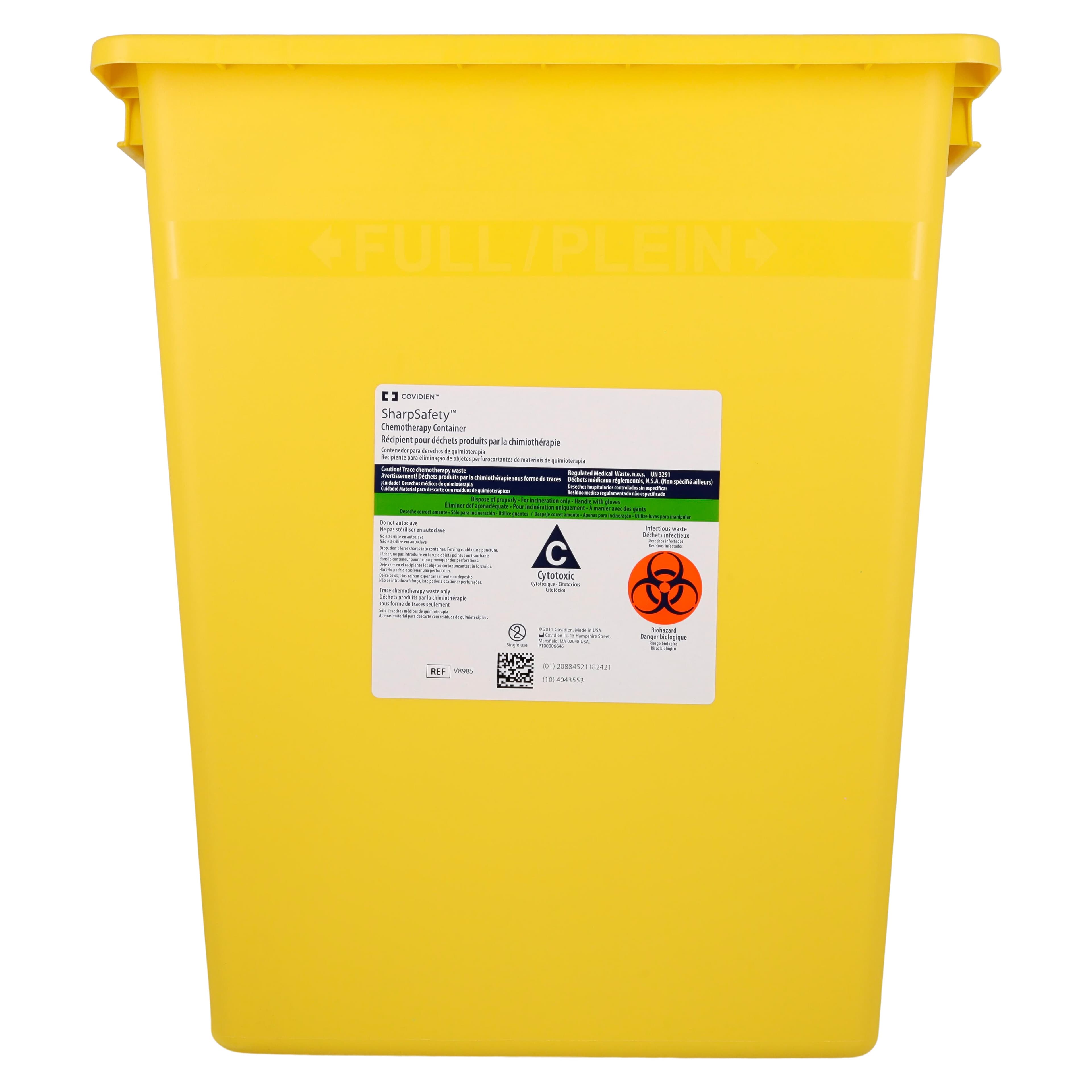 Cardinal Health Chemotherapy Sharps Container, 8 Gallon, Yellow, Hinged Lid, Polypropylene, 11 x 15.5 x 17.75 in thumbnail 4