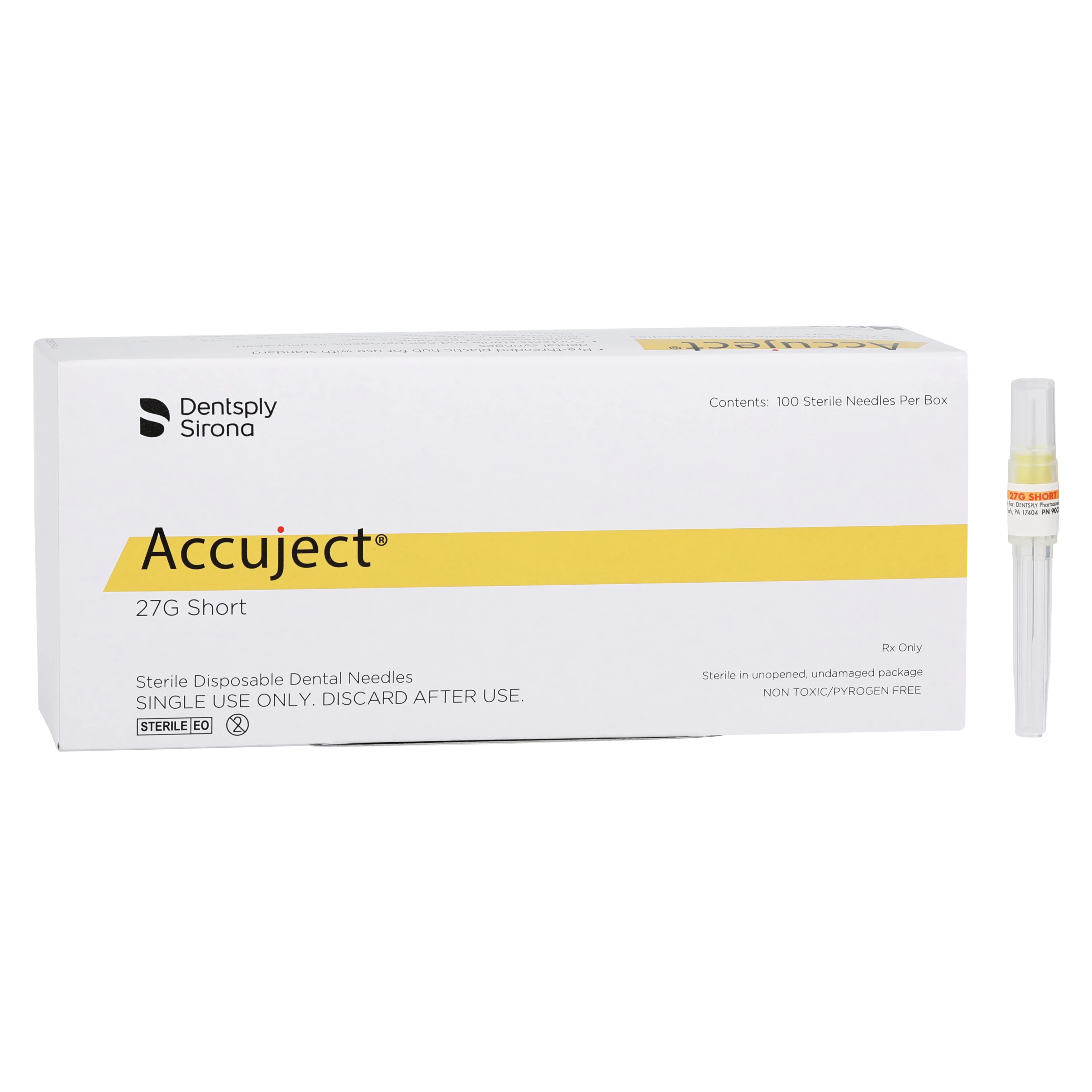 Accuject Disposable Dental Needles, Plastic Hub, 27 Gauge, Short (21mm), Yellow, Sterile, 100/Box, 900705 - Accuject Disposable Dental Needles, Plastic Hub, Ga 27, Short, 100/Pk, 900705 - Image 1
