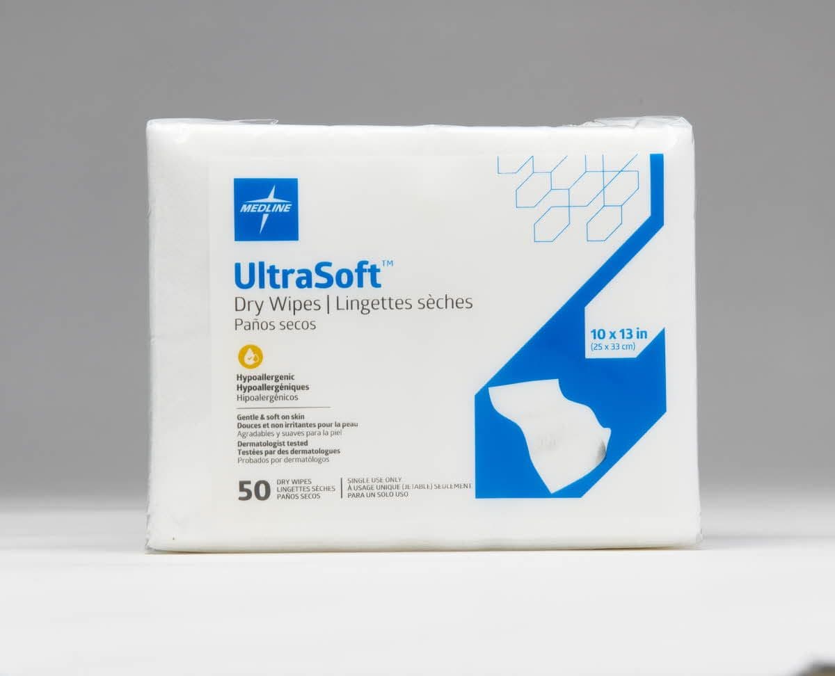 Medline Ultrasoft Dry Wipes, Unscented, Soft-Spun Fabric, Disposable, White, 10x13", 500/Case - Wipes Cleansing Dry Unscented - Image 1