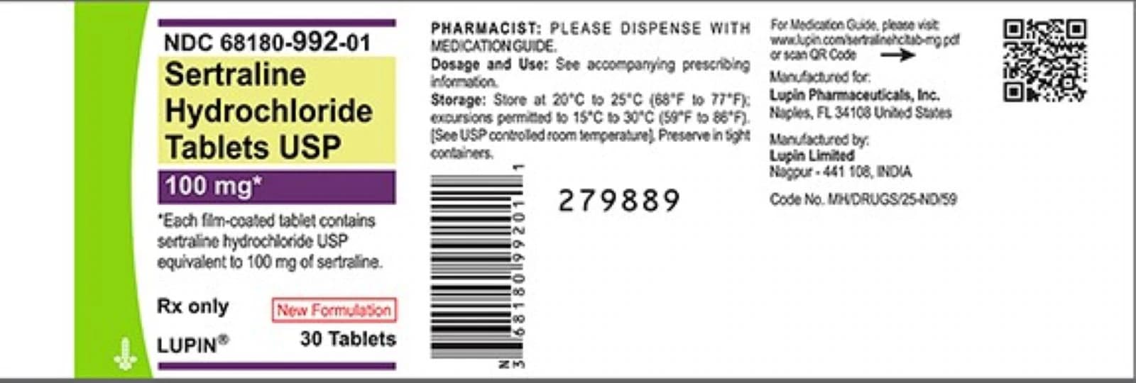 Sertraline HCl Tablets, 100mg, Bottle, 30/Bt, Lupin Pharmaceuticals - Sertraline HCl Tablets - Image 1