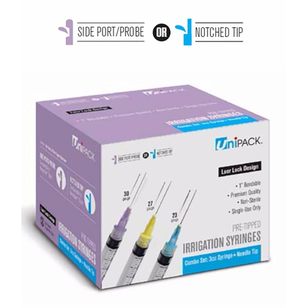 UniPack 3cc Irrigation Syringe Sets, 27G Yellow Hub, Side Port, Luer Lock, 1" Tip, 100/Box thumbnail 2