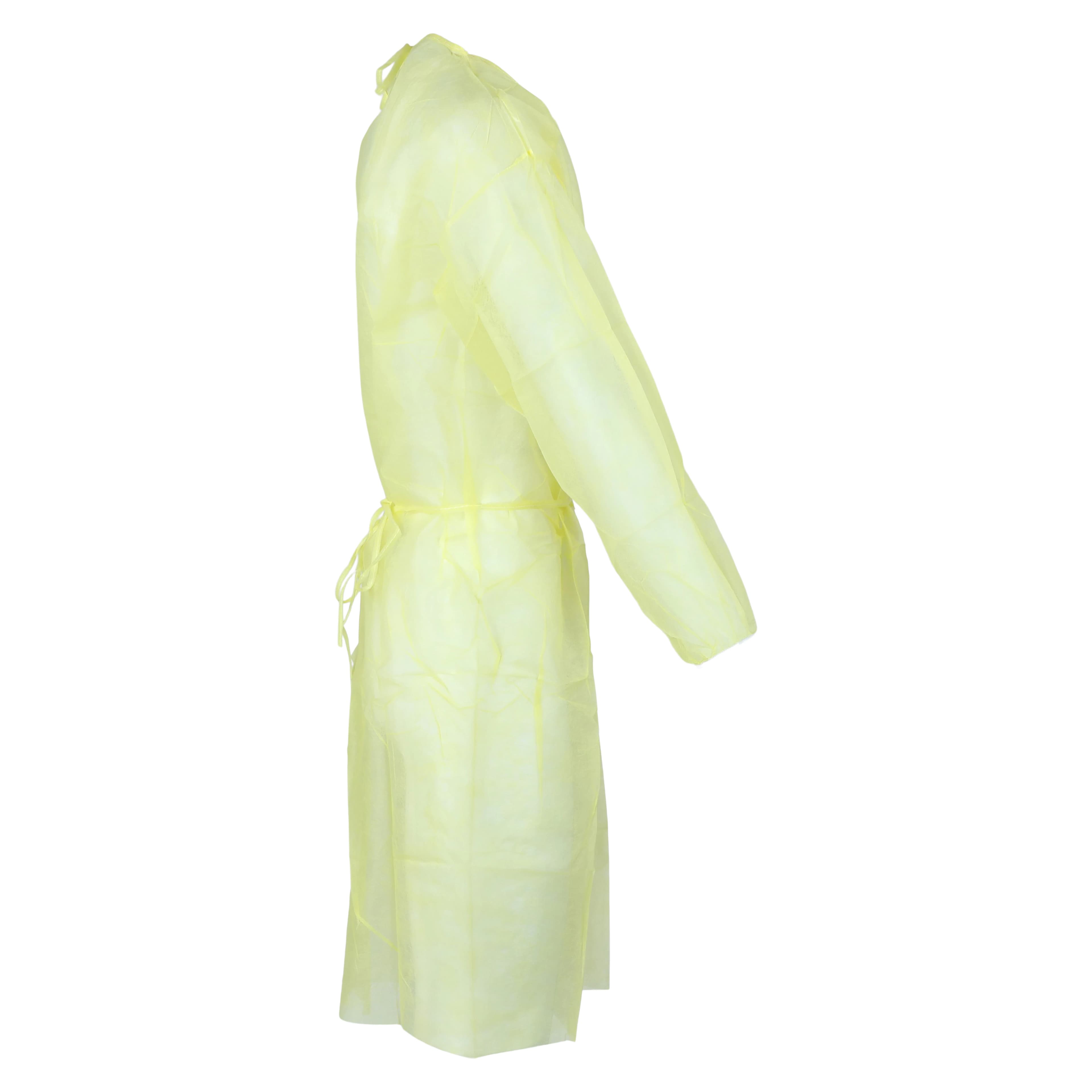 Dukal Isolation Gown, Spunbonded Polypropylene, One Size, Yellow, Non-Sterile, Waist/Neck Ties, Elastic Cuff, 10/Bag thumbnail 2