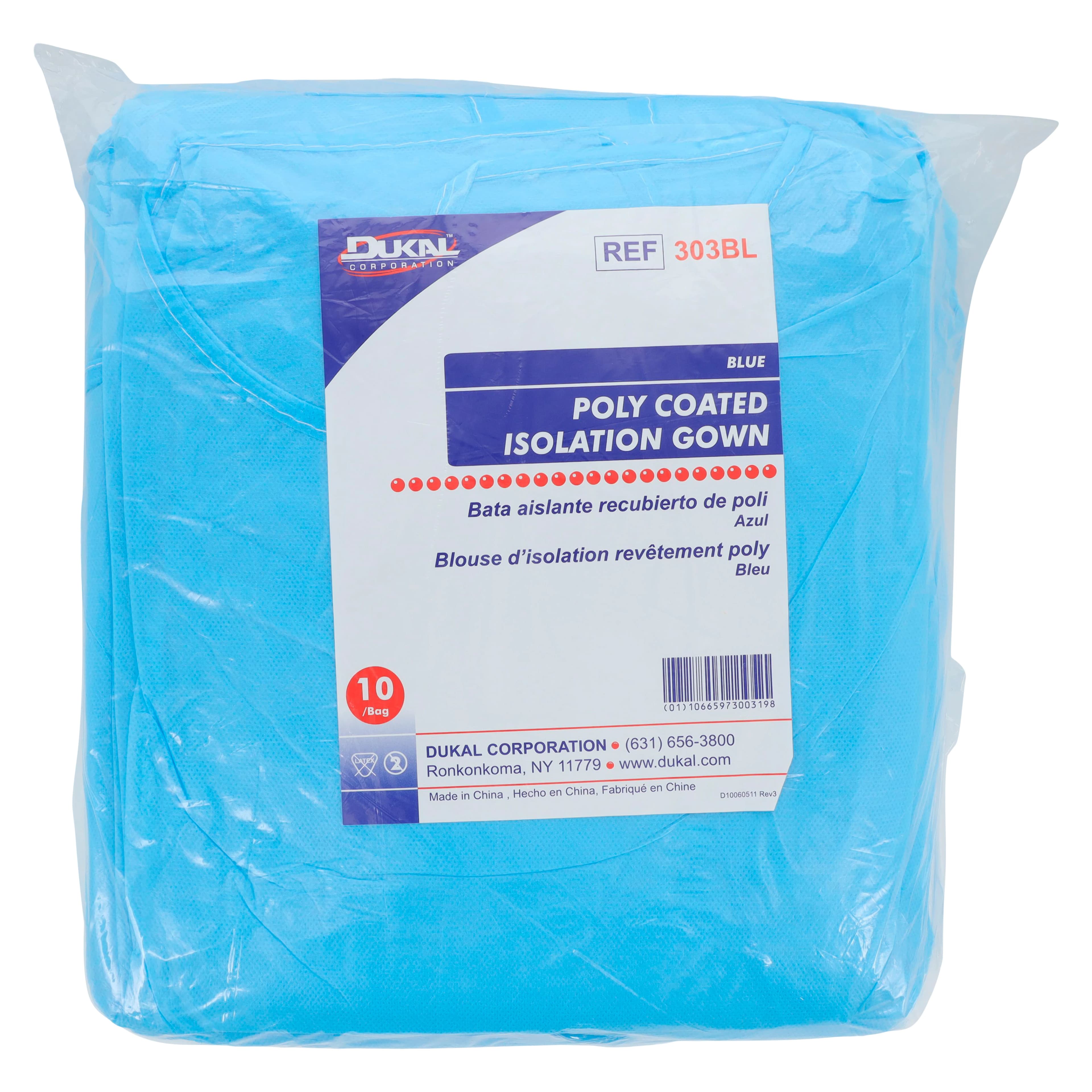 Dukal Impervious Isolation Gown, Spunbond Polypropylene/Polyethylene Coated, Universal Size, Blue, Non-Sterile, Elastic Cuff, 10/Bag, 303BL thumbnail 7
