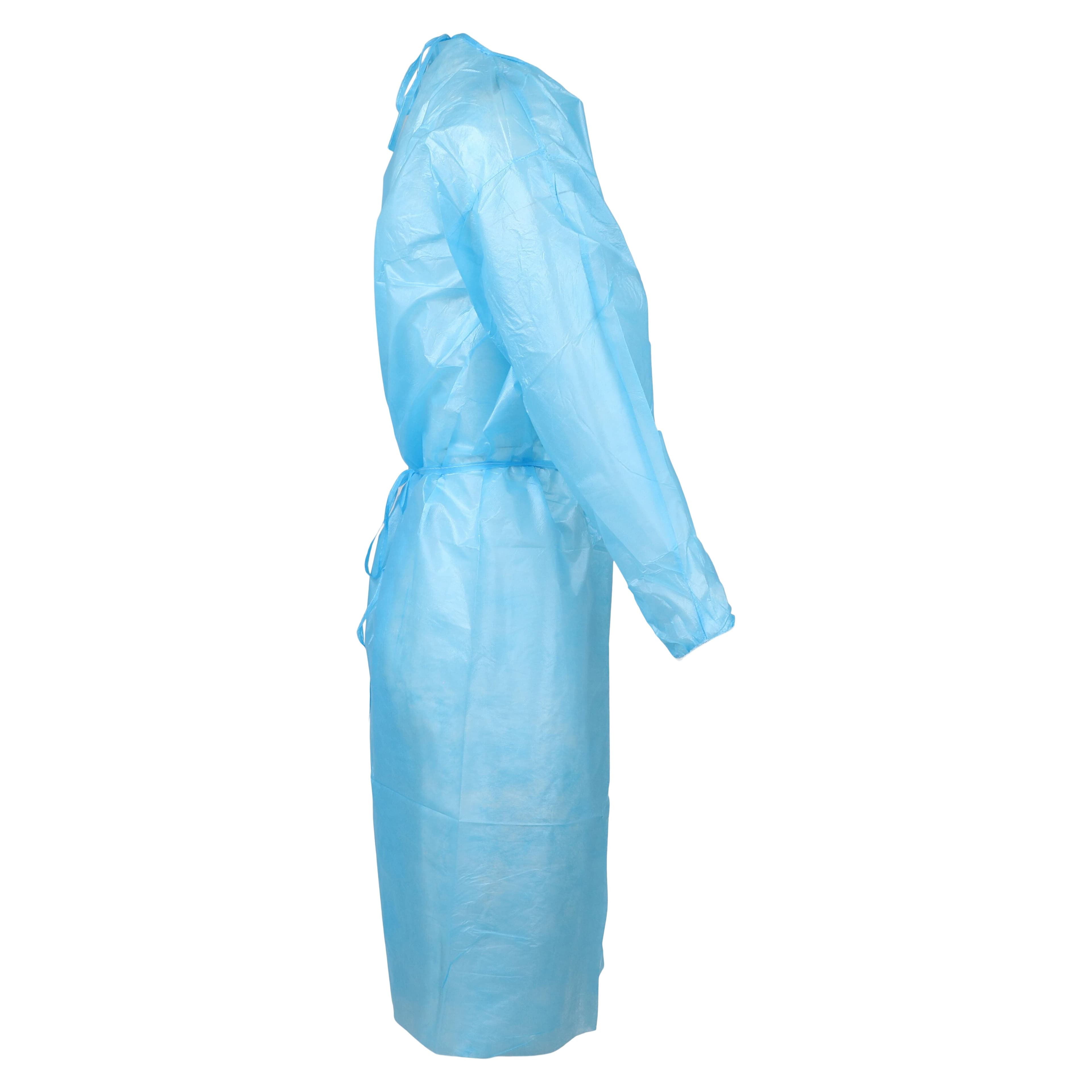 Dukal Impervious Isolation Gown, Spunbond Polypropylene/Polyethylene Coated, Universal Size, Blue, Non-Sterile, Elastic Cuff, 10/Bag, 303BL thumbnail 2