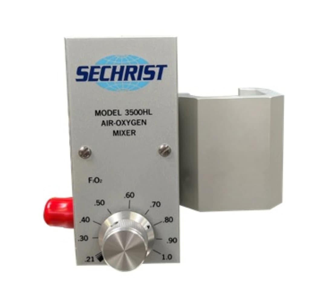 Sechrist 3500HL High Flow Air/Oxygen Mixer, 100 LPM, Pole Mount with Water Trap Assembly - High Flow Air/Oxygen Mixer - Image 1